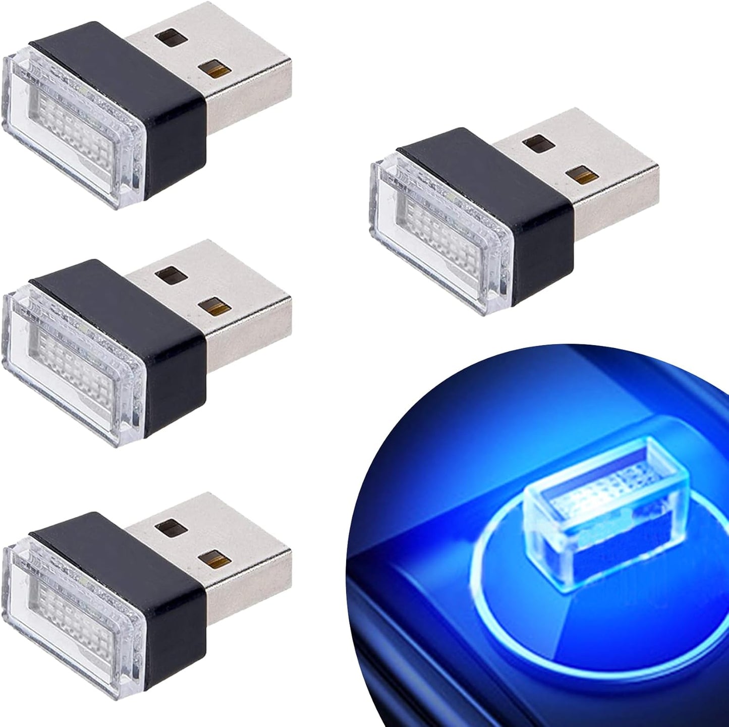 4Pcs Blue USB Car Interior Atmosphere Lamps - Mini LED Lights for Car Decor