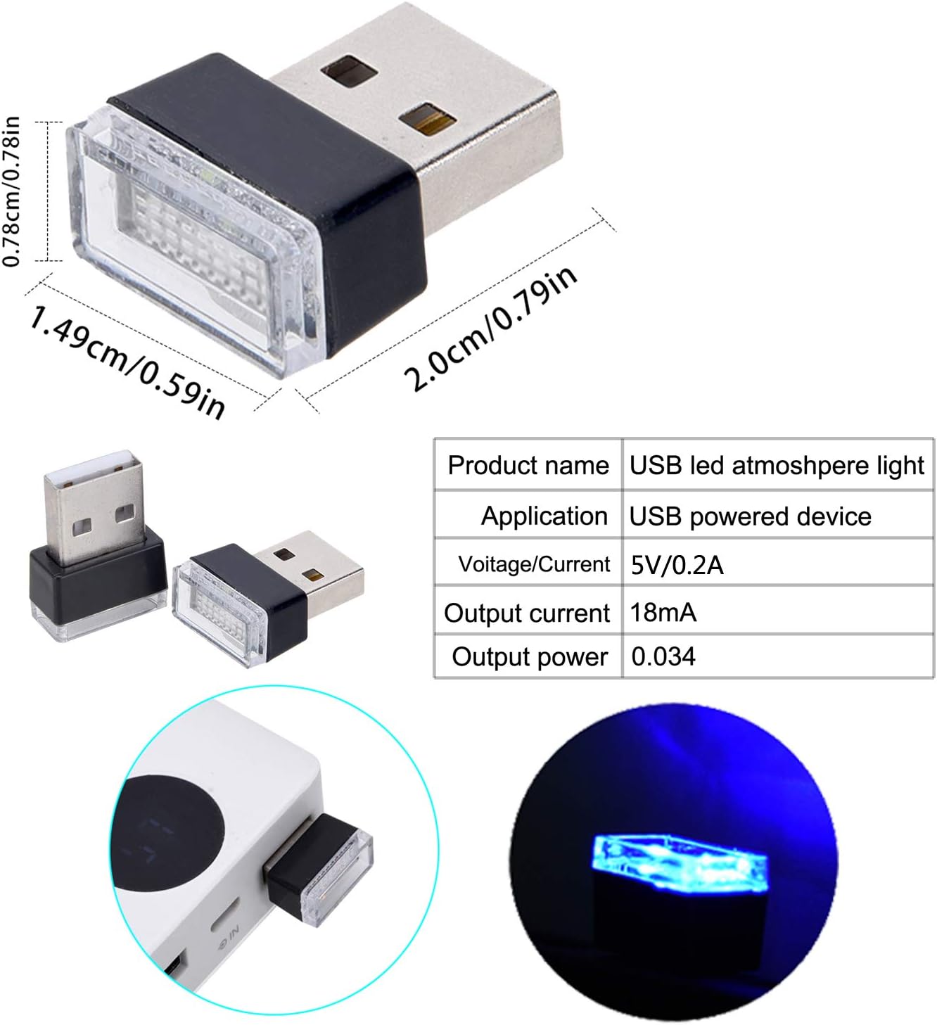 4Pcs Blue USB Car Interior Atmosphere Lamps - Mini LED Lights for Car Decor