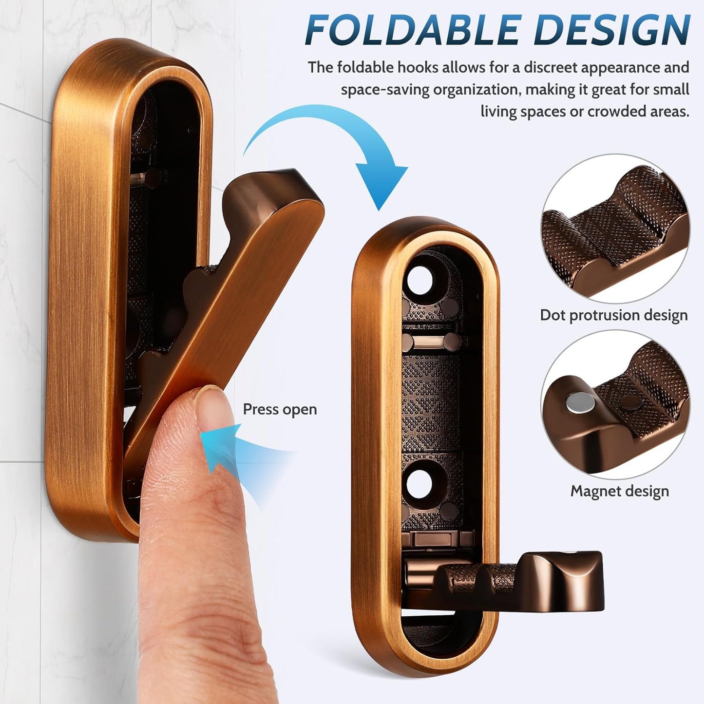 4pcs PartyKindom Foldable Wall Hooks - Retractable Coat Hook for Hanging Towels, Keys, Bags, Jackets - Includes Mounting Hardware