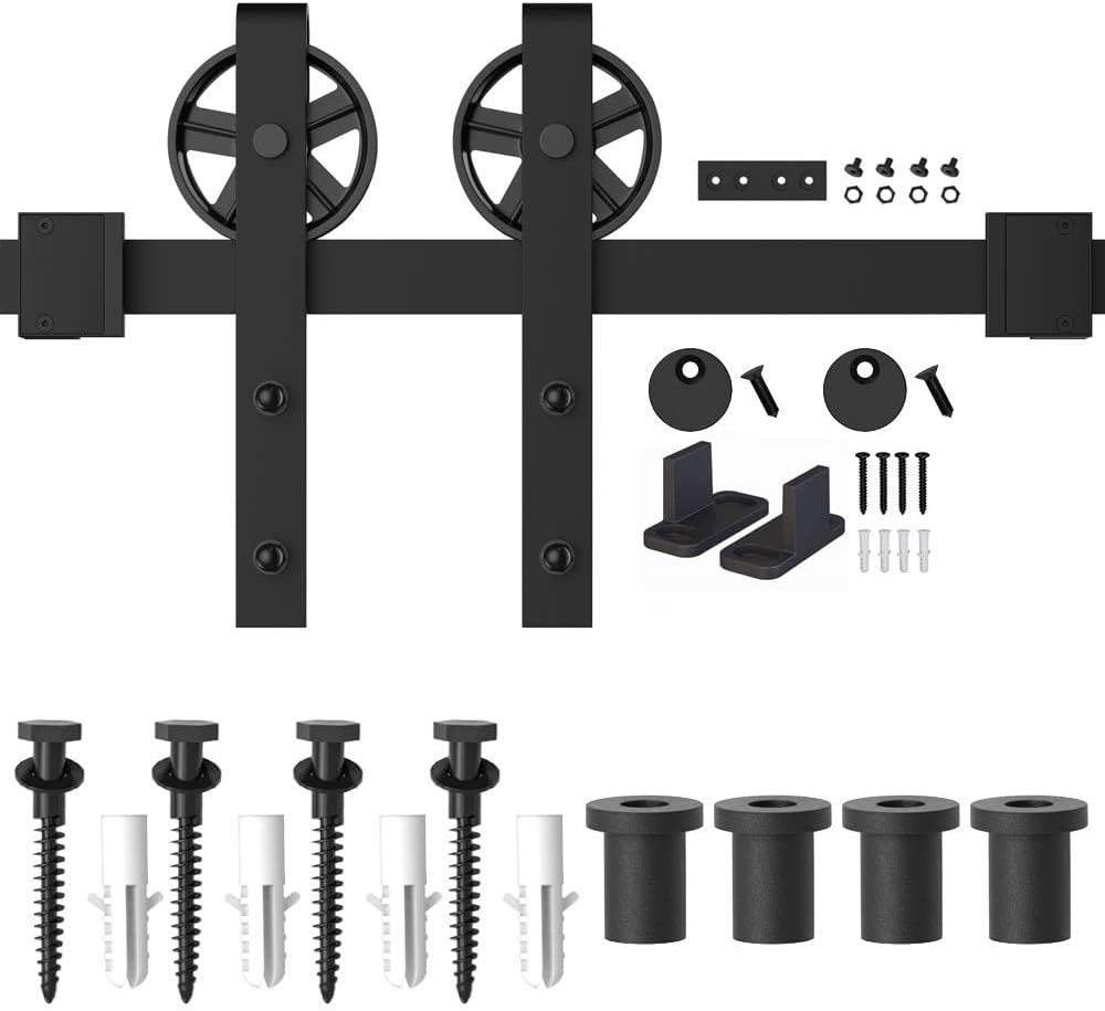 5-16FT Single Wood Sliding Barn Door Hardware Kit - Basic Black Big Spoke Wheel Roller - Carbon Steel Flat Track System - WildKart