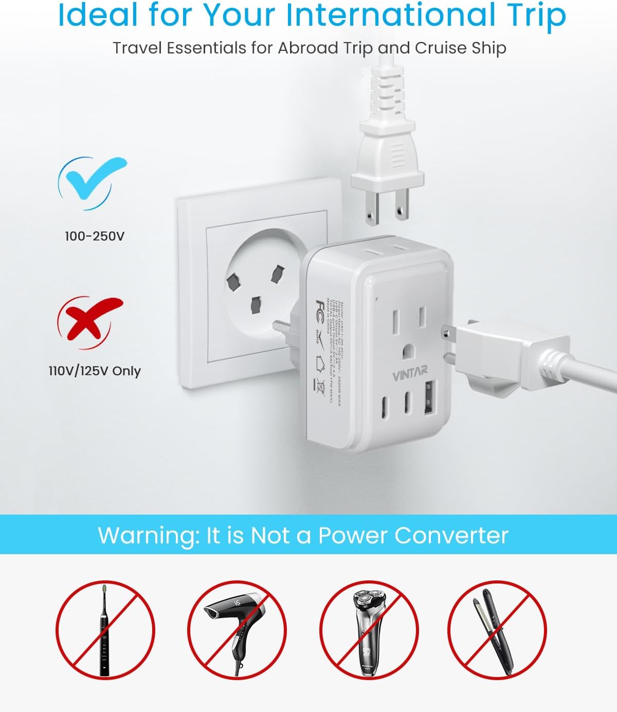 5-in-1 Type H Israel Power Adapter with 3 USB Ports and 2 Outlets for US to Israel/Palestine/Jerusalem