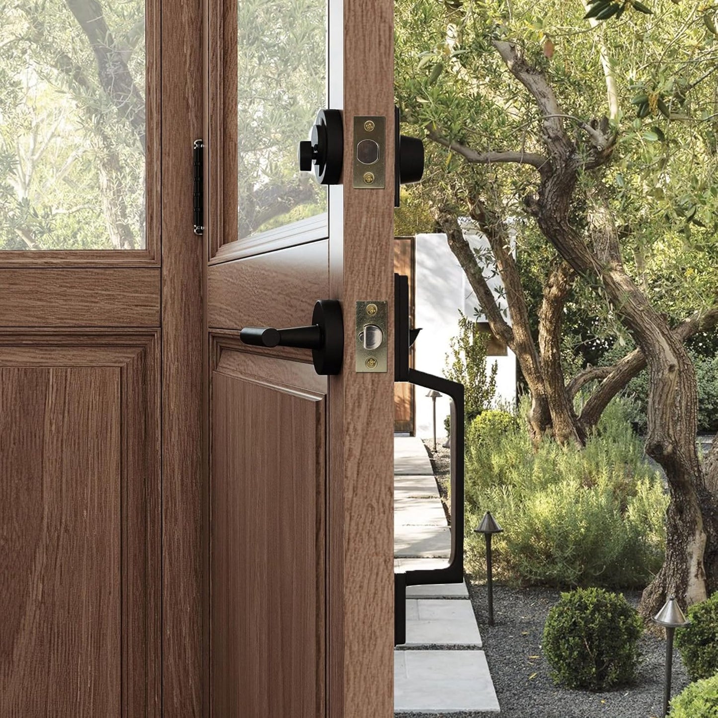 5-Inch Backset Entry Door Latch for Standard Knobset, 90° Square Interface, Square Corner Faceplate, 2-1/8" Cross Bore, 1" Edge Bore, Non-Handed, Polished Brass