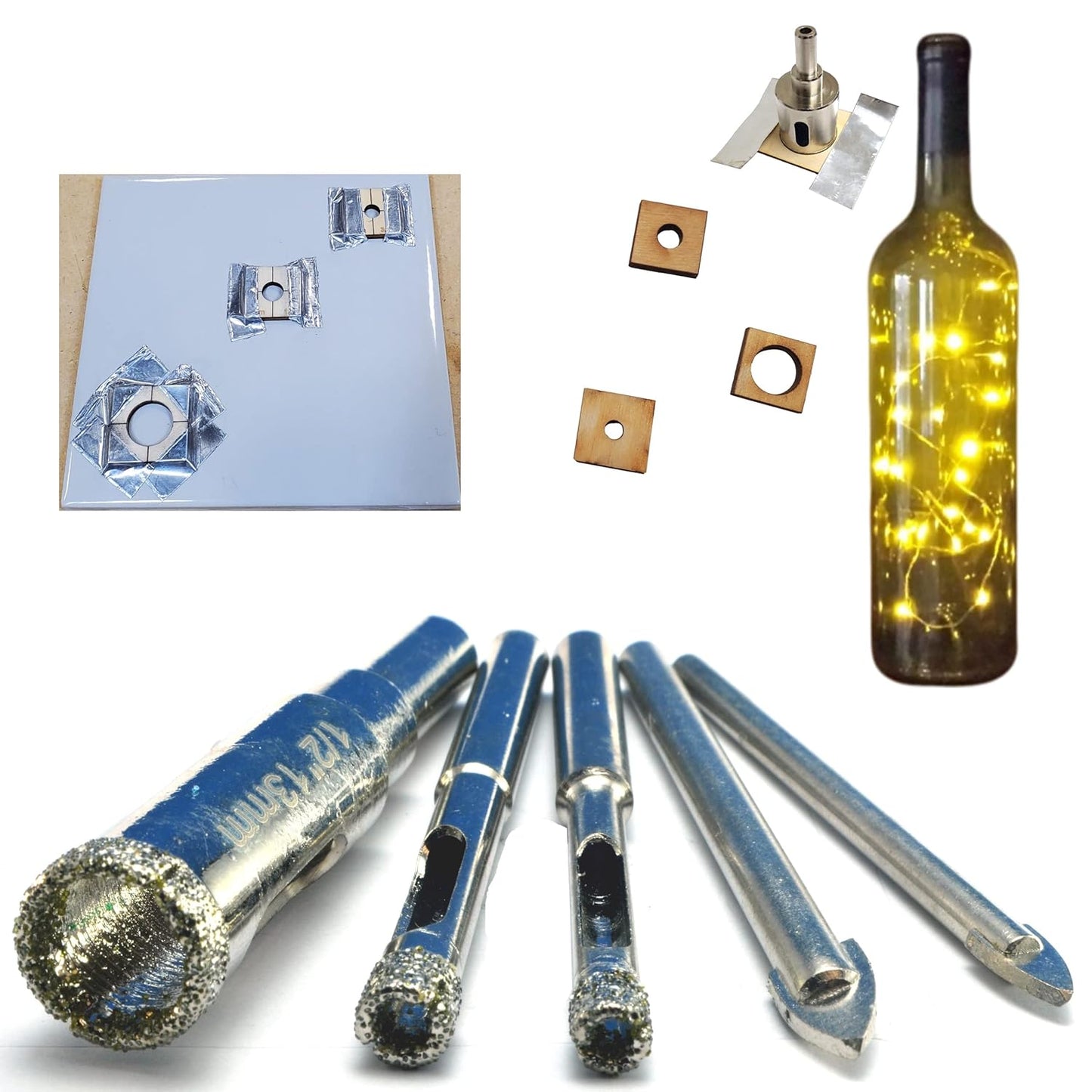 5-Pack Diamond Tile Drill Bit Kit for Glass & Porcelain - Includes 3/16", 1/4", 1/2" Bits for Ceramic, Granite, and Bottles