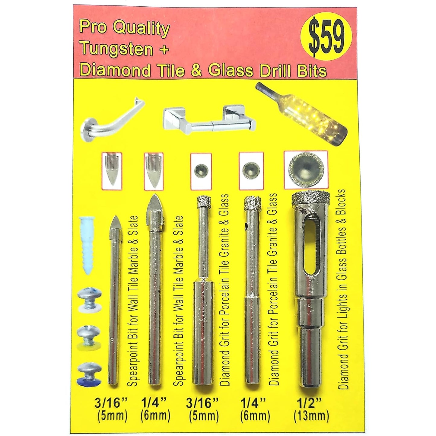 5-Pack Diamond Tile Drill Bit Kit for Glass & Porcelain - Includes 3/16", 1/4", 1/2" Bits for Ceramic, Granite, and Bottles
