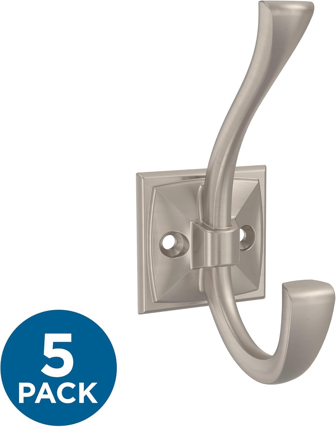 (5-Pack) Franklin Brass Ruavista Double Coat and Hat Wall Hooks - Nickel Wall Mount Hanger for Bags, Towels, and Decor