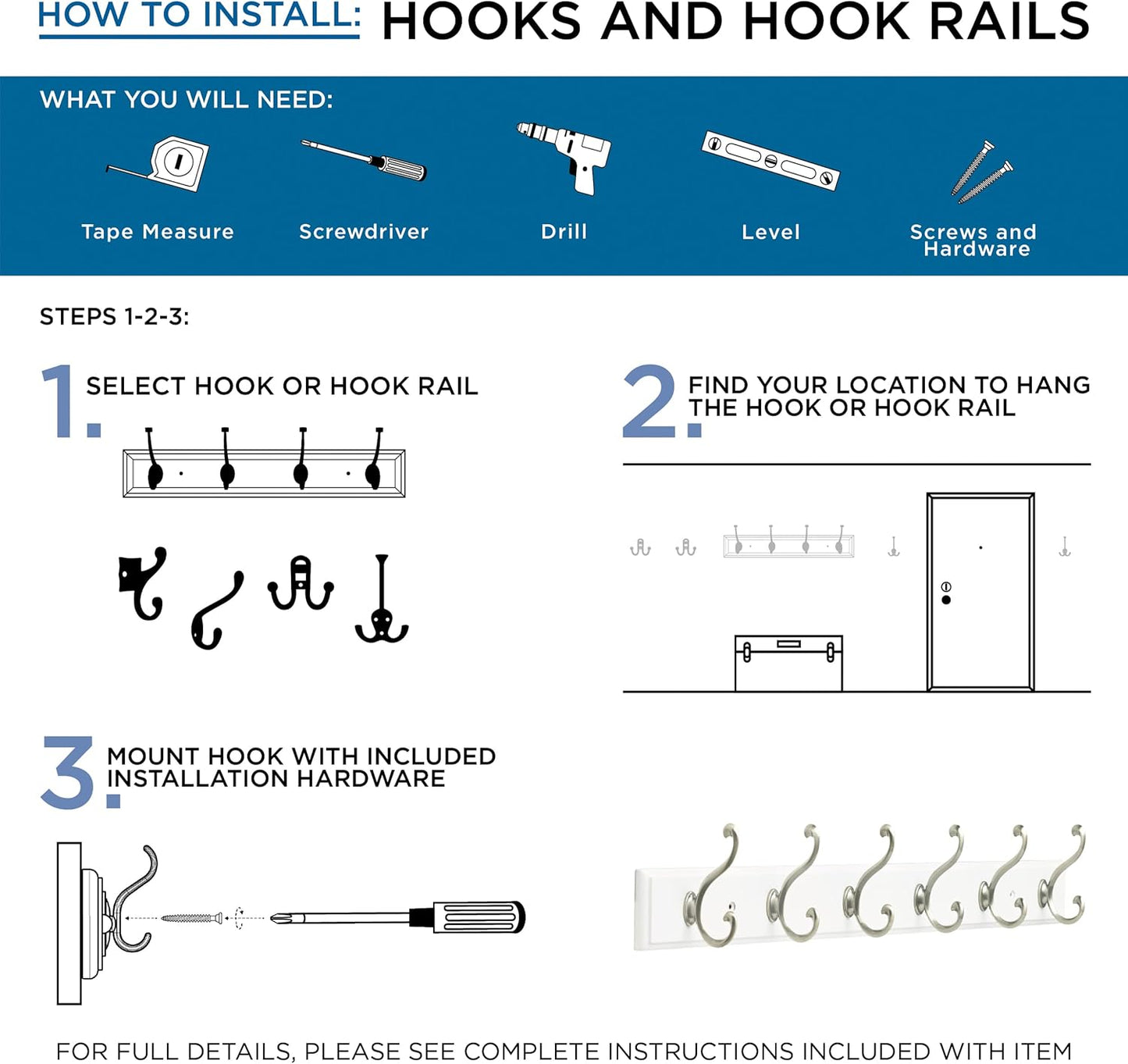 (5-Pack) Franklin Brass Ruavista Double Coat and Hat Wall Hooks - Nickel Wall Mount Hanger for Bags, Towels, and Decor
