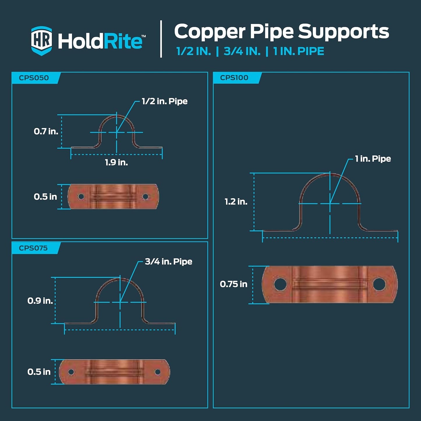 5 Pack HoldRite CPS0100Z5 Copper 2-Hole Strap for 1 Inch Pipes - Pipe Support Kit