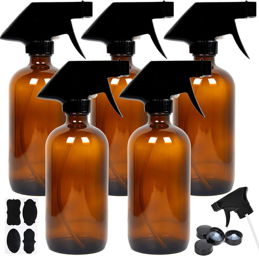 5-Pack Refillable Amber Glass Spray Bottles - 8oz Containers for Essential Oils, Cleaning, Aromatherapy - Trigger Sprayer