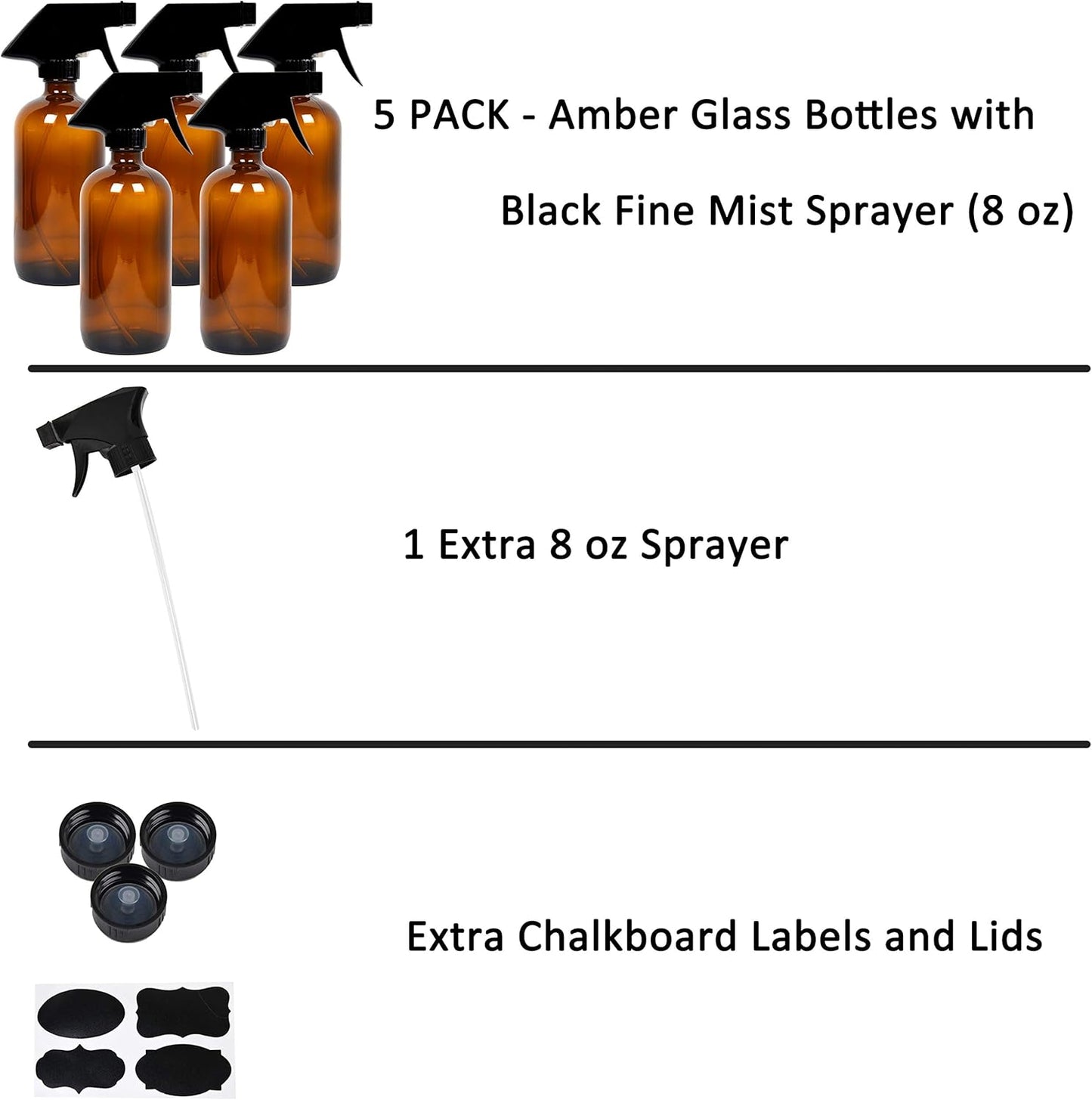 5-Pack Refillable Amber Glass Spray Bottles - 8oz Containers for Essential Oils, Cleaning, Aromatherapy - Trigger Sprayer