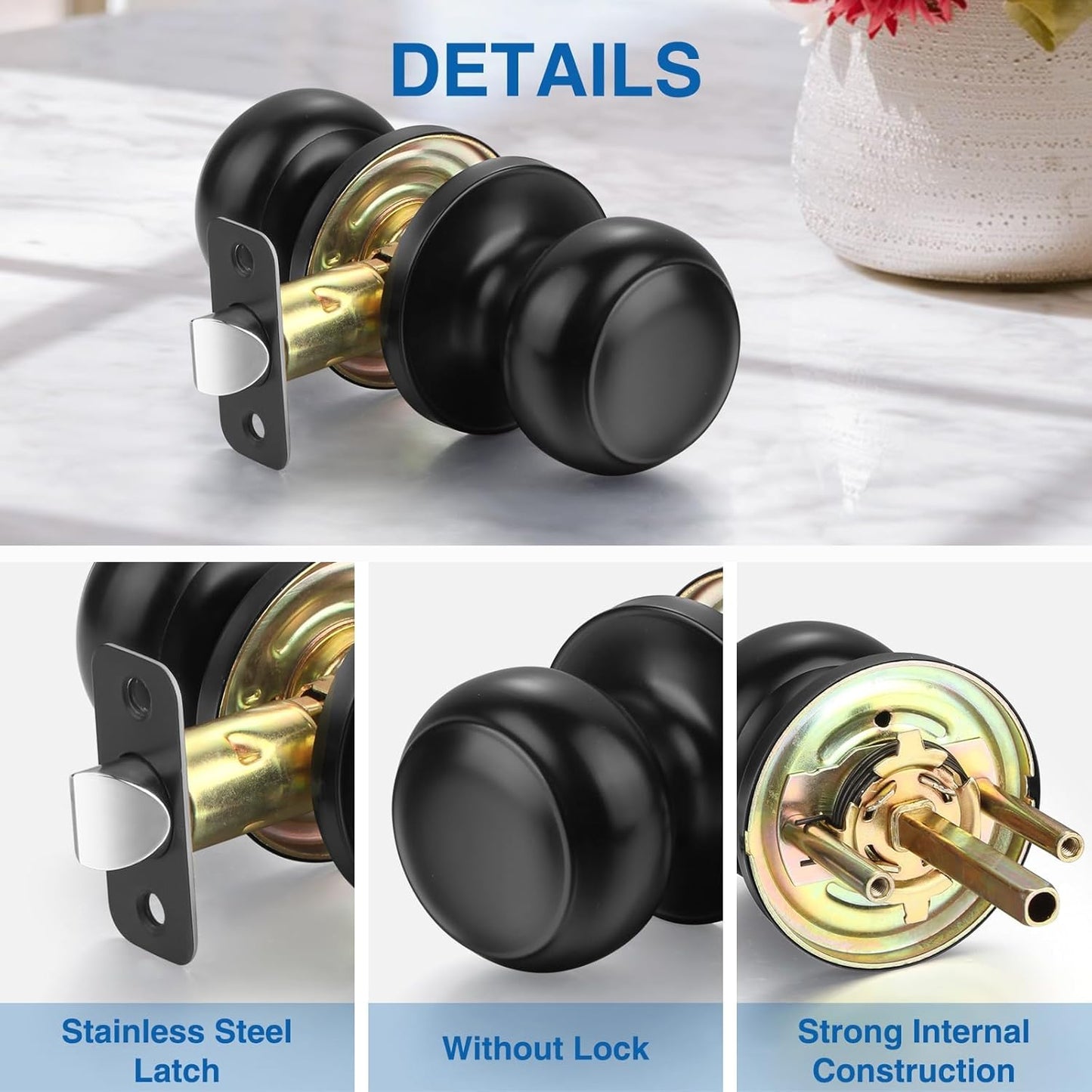5 Pack Sopoby Black Round Keyless Door Knobs for Interior/Exterior, Passage Locking Set for Bedroom/Bathroom - Modern Black Design