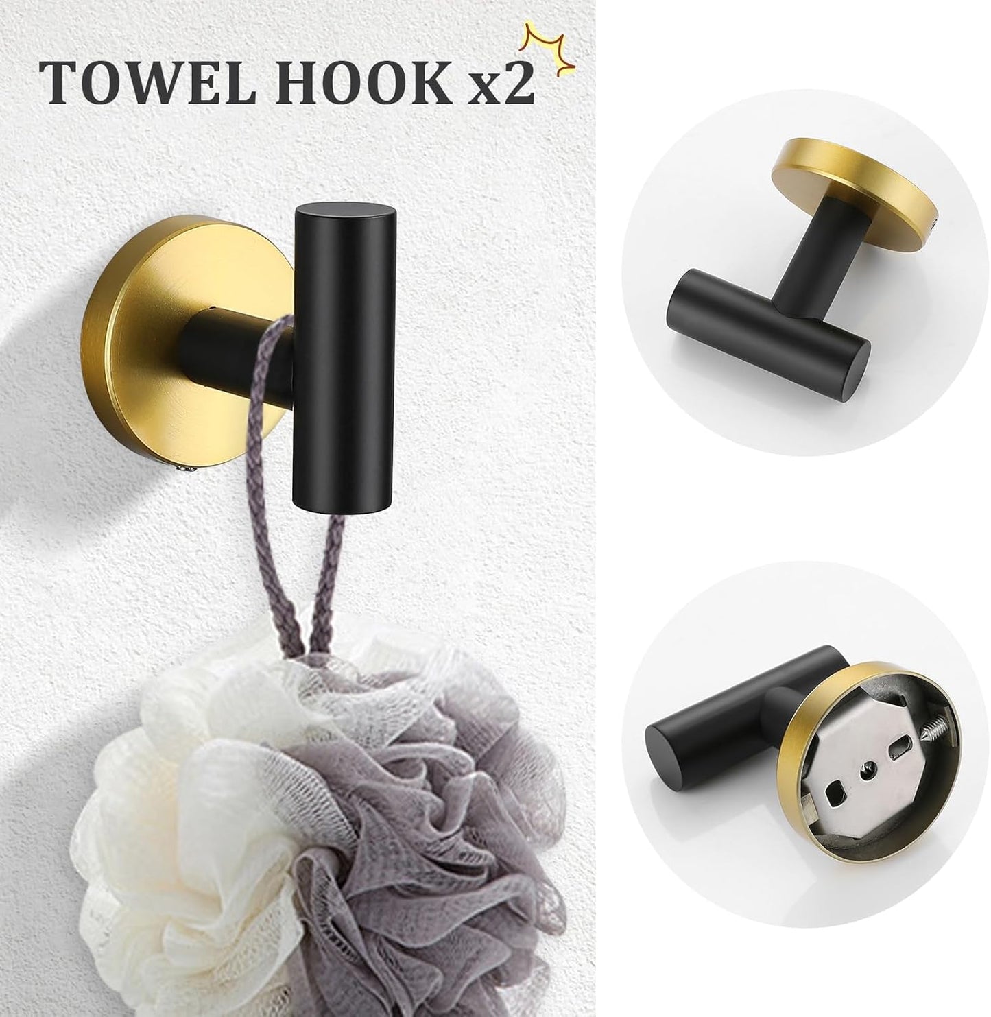 5 Piece Black and Gold Bathroom Hardware Set - SUS304 Stainless Steel Towel Bar Set, 24 Inch Accessories Kit Wall Mounted