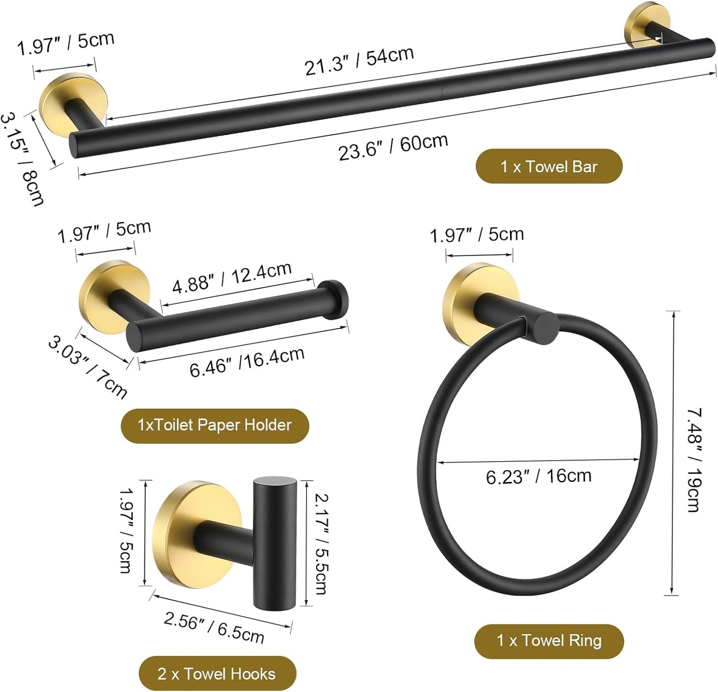 5 Piece Black and Gold Bathroom Hardware Set - SUS304 Stainless Steel Towel Bar Set, 24 Inch Accessories Kit Wall Mounted