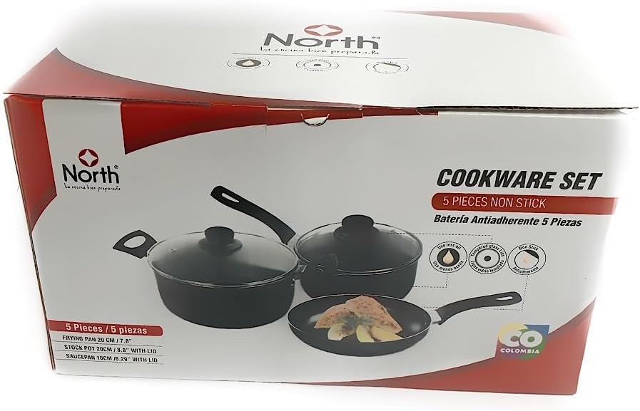 5-Piece Nonstick Cookware Set by Grupo North - PFOA Free, Highly Resistant with 5 Layers of Italian Non-Stick Coating - Healthy Cooking with Less Oil - Black