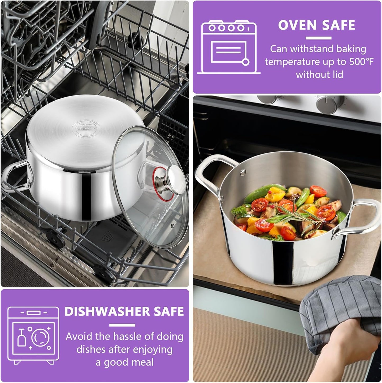 5 QT Tri-Ply Stainless Steel Stockpot with Visible Lid - Induction Cooking Pot for All Stoves - Heavy-Duty Dishwasher Safe Pot