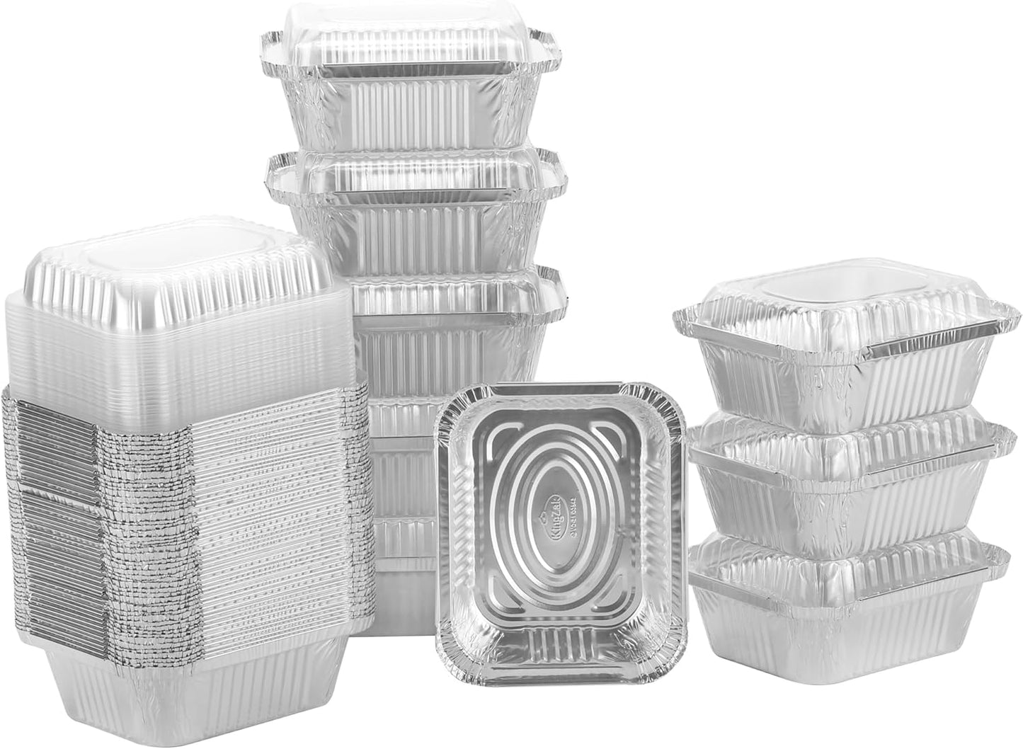 50-Pack Nicole Home Collection 1LB Aluminum Pans with Plastic Dome Lids - 5"x4" Oblong To-Go Containers - Disposable Foil Pans for Catering, Meal Prep, Baking - Freezer Safe