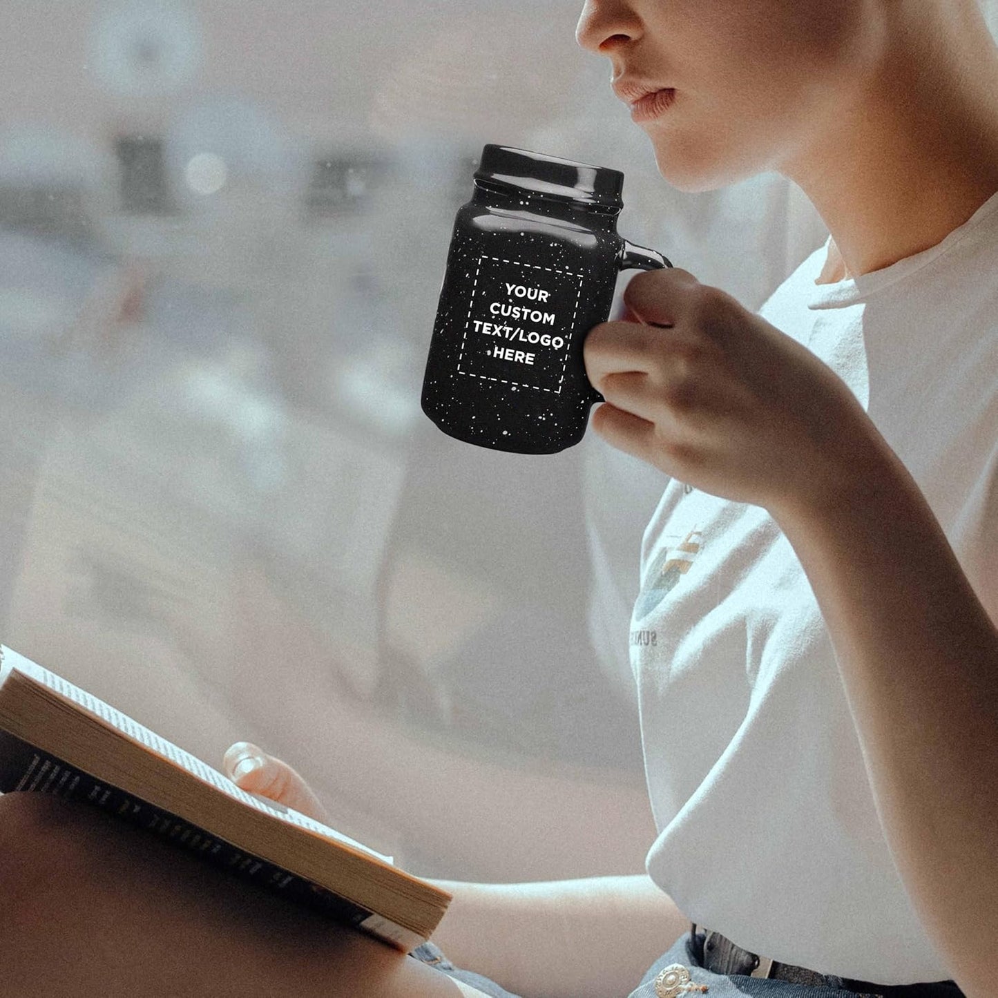 50-Piece Set of 16 oz Savannah Speckle Ceramic Mason Jars - Customizable with Text & Logo - Durable Stoneware, C-Handle - Black Color Discount Promos