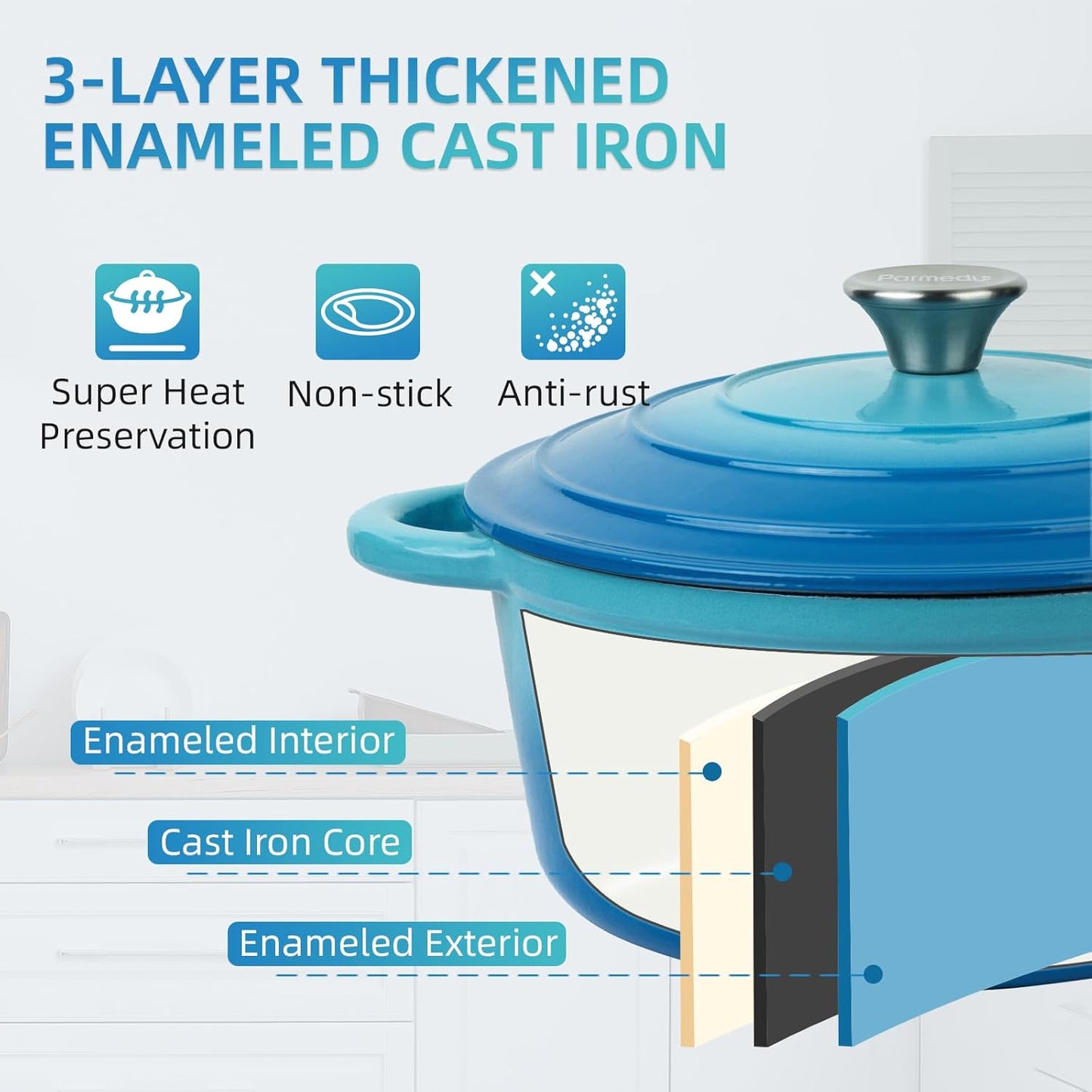 5.5 Quart Enameled Cast Iron Dutch Oven Pot with Lid and Dual Handles, Silicone Accessories, Ideal for Braising, Stewing, Roasting, Baking - Blue