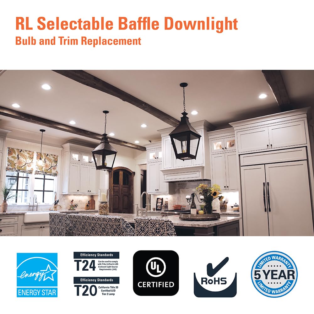 5/6 inch HALO RL Series Recessed LED Retrofit Light with Selectable CCT (2700K-5000K) and Dim to Warm Feature - 700 Lumens