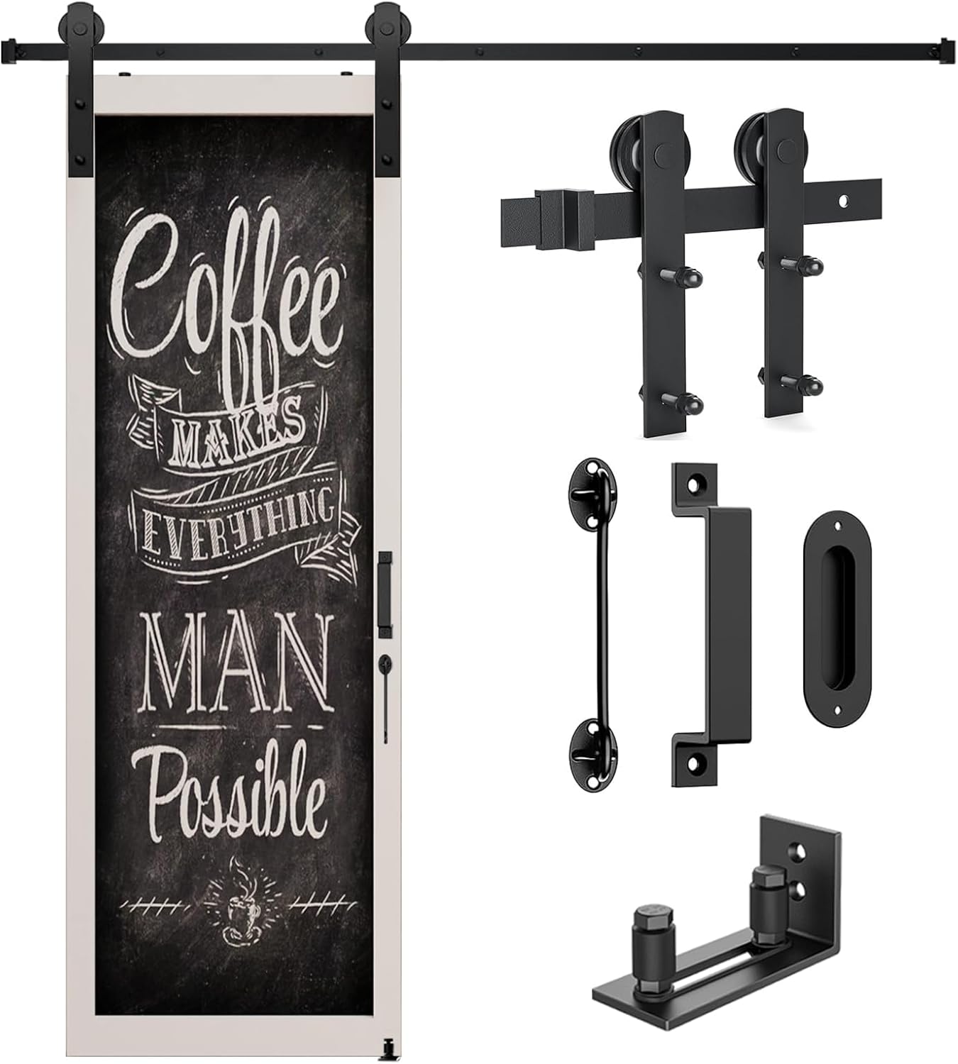 5FT Heavy Duty Barn Door Hardware Kit with Floor Guide, 2 Handles - Smooth Sliding Track for 30" Wide Doors - Interior/Exterior Use - I Shape Hanger - WildKart