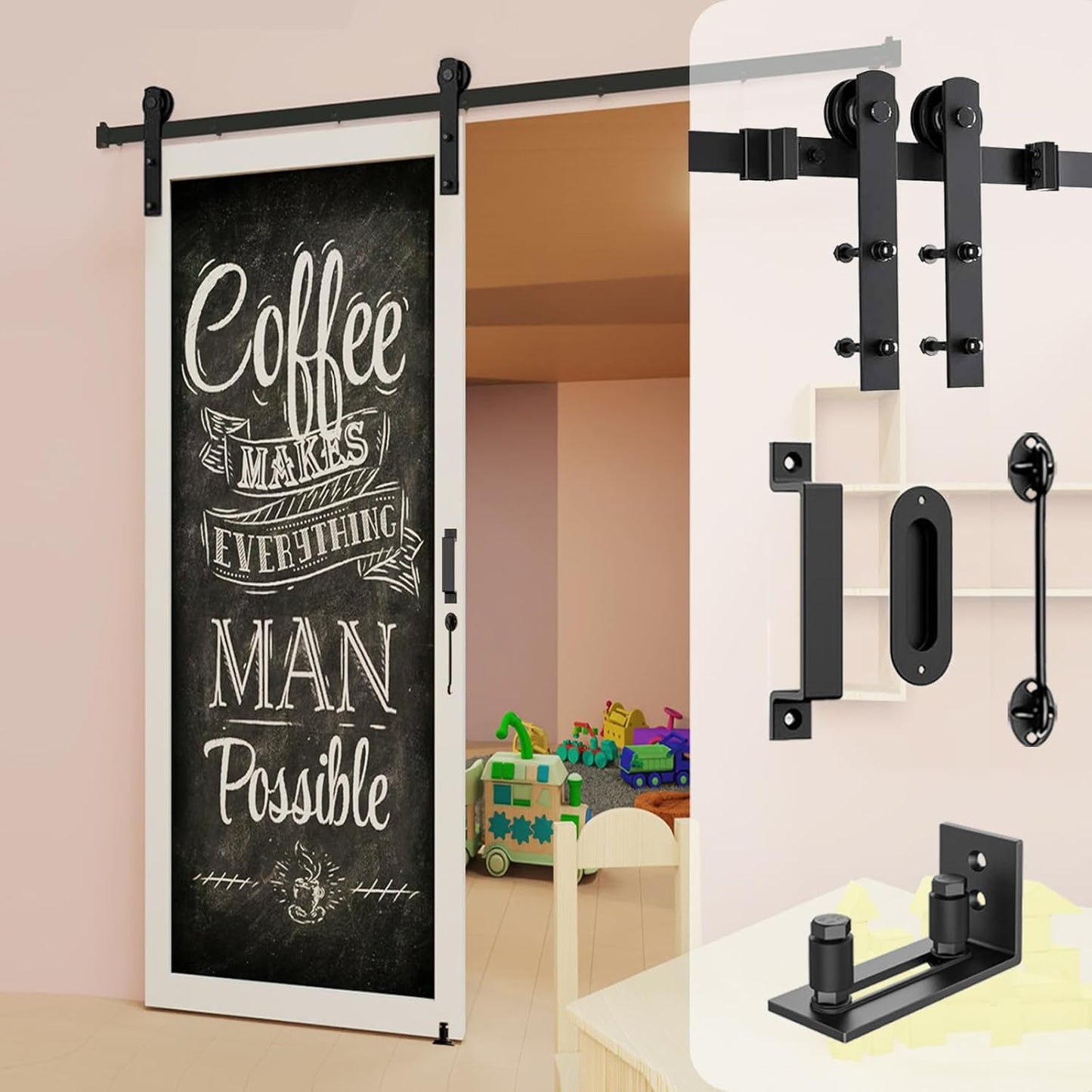 5FT Heavy Duty Barn Door Hardware Kit with Floor Guide, 2 Handles - Smooth Sliding Track for 30" Wide Doors - Interior/Exterior Use - I Shape Hanger - WildKart