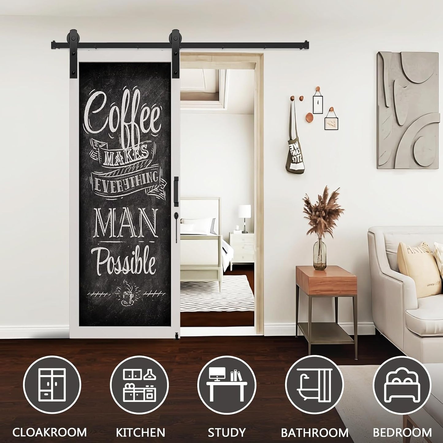 5FT Heavy Duty Barn Door Hardware Kit with Floor Guide, 2 Handles - Smooth Sliding Track for 30" Wide Doors - Interior/Exterior Use - I Shape Hanger - WildKart