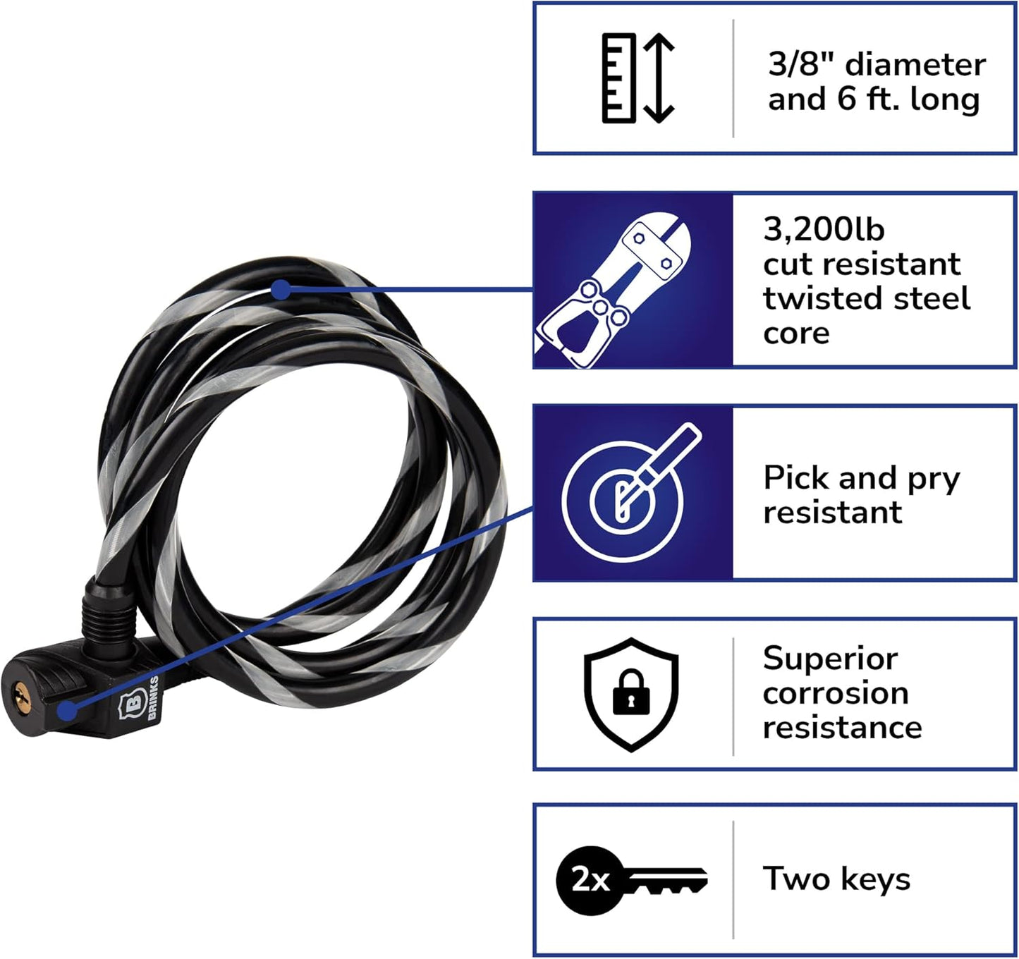 6-Foot Heavy Duty Flexible Steel Loop Cable with Keyed Locking Mechanism and Corrosion-Resistant Vinyl Wrap by BRINKS