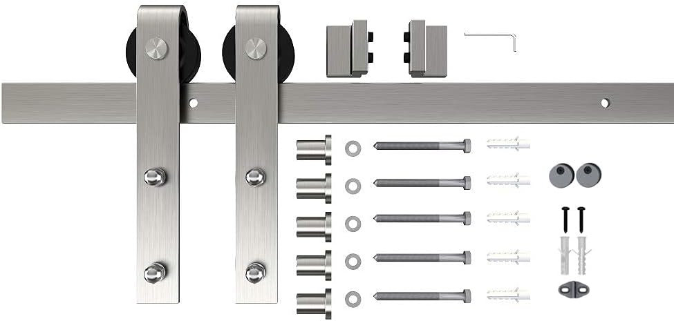 6 FT Brushed Nickel Sliding Barn Door Hardware Kit - Smooth & Quiet Hanger Roller Track Set - Heavy Duty J Shape Roller - Easy Install - Nickle Barn Door Track
