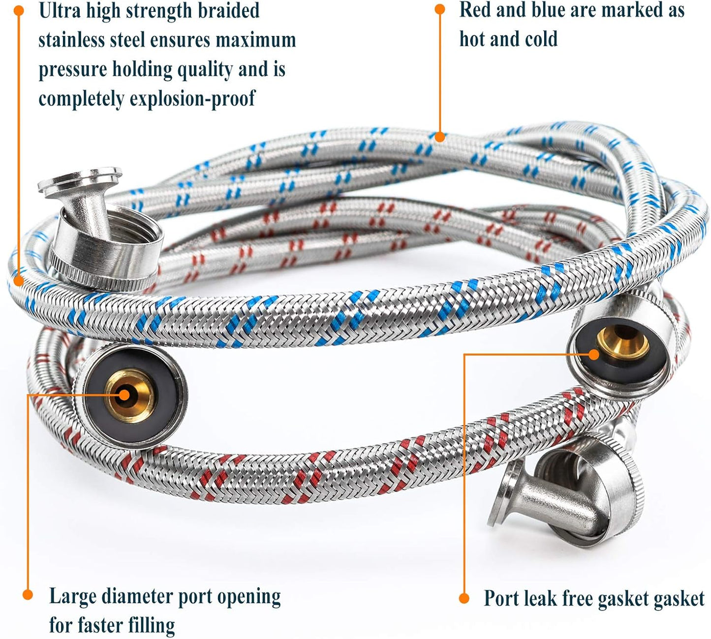 6 Ft Long Red and Blue Stainless Steel Washer Hoses with 90 Degree Elbows - Set of 2, Burst Proof Hot and Cold Water Supply Lines for Washing Machine by Beaquicy