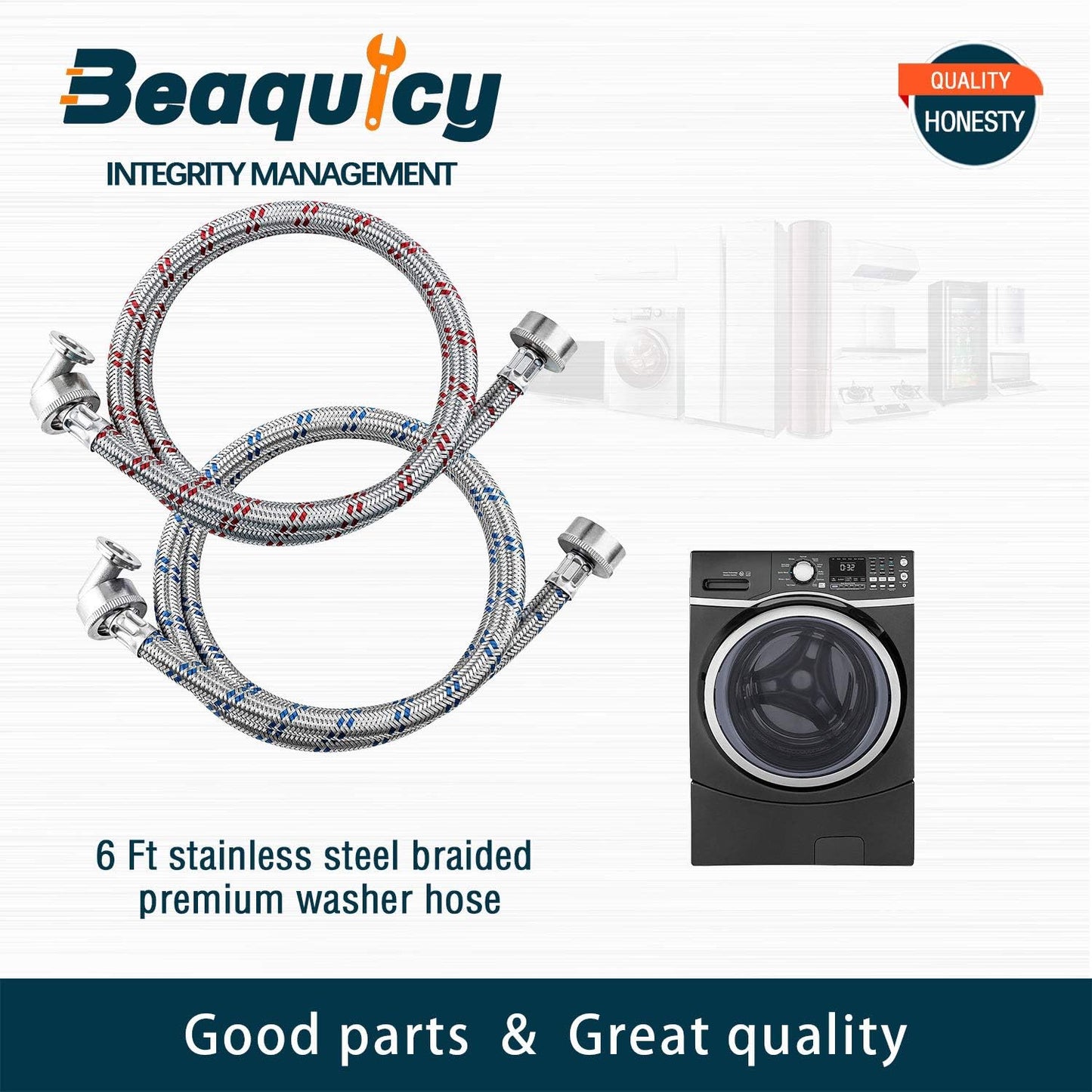 6 Ft Long Red and Blue Stainless Steel Washer Hoses with 90 Degree Elbows - Set of 2, Burst Proof Hot and Cold Water Supply Lines for Washing Machine by Beaquicy