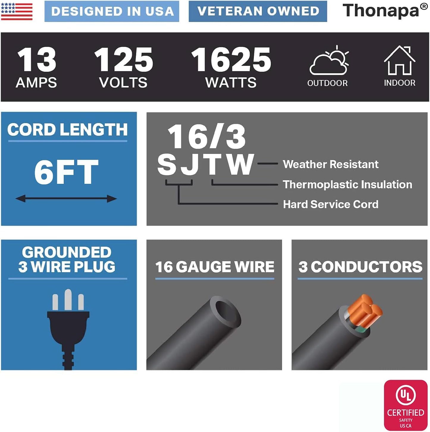 6 ft Thonapa Outdoor Extension Cord - 13 Amp, 16/3 SJTW, 3 Prong Black Power Cable for Outside Lights & Lawn - Weatherproof, UL Certified by US Veteran Owned Company