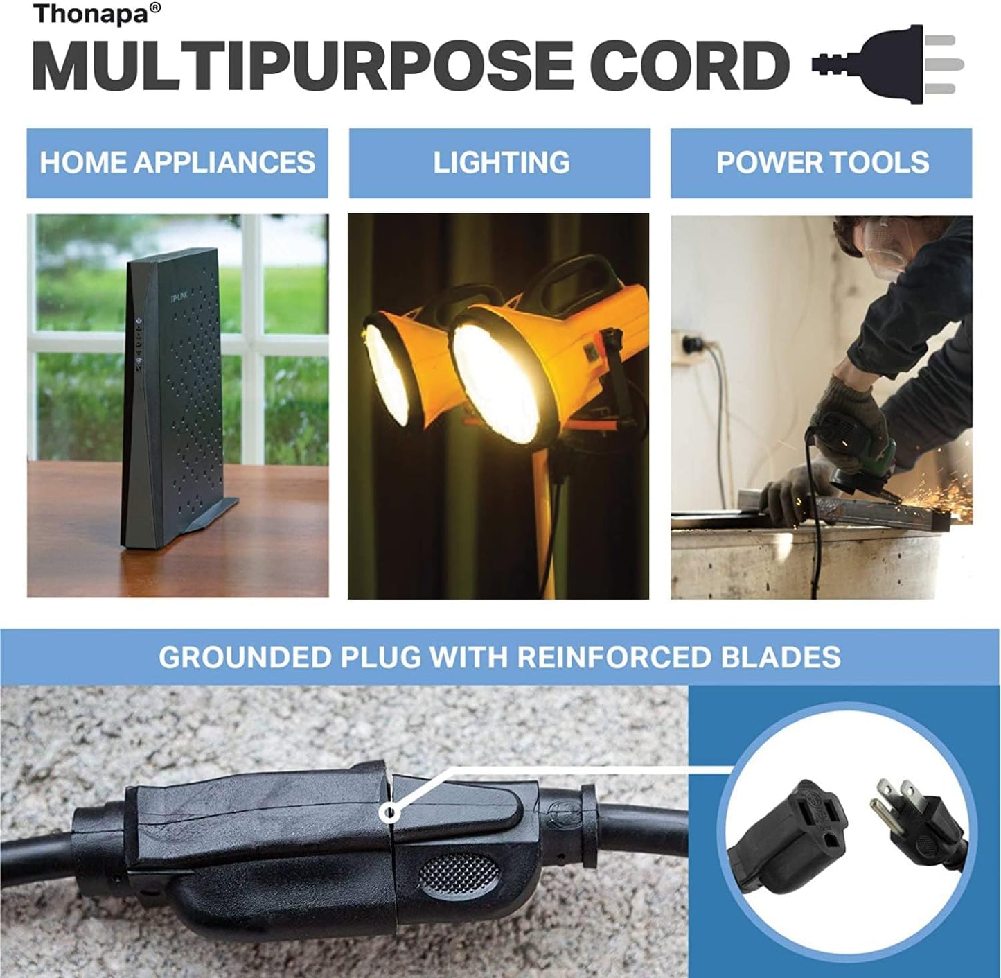 6 ft Thonapa Outdoor Extension Cord - 13 Amp, 16/3 SJTW, 3 Prong Black Power Cable for Outside Lights & Lawn - Weatherproof, UL Certified by US Veteran Owned Company