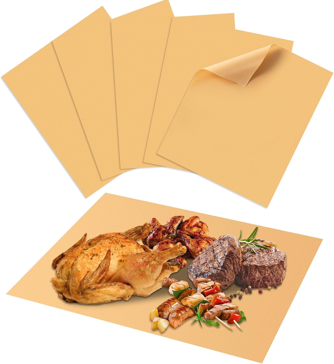 6 Pack Eisinly Grill Mats - Reusable Non Stick Baking Mat for Outdoor BBQ - Heat Resistant - Gas, Charcoal, Electric - 15.75 x 13-inch - Gold