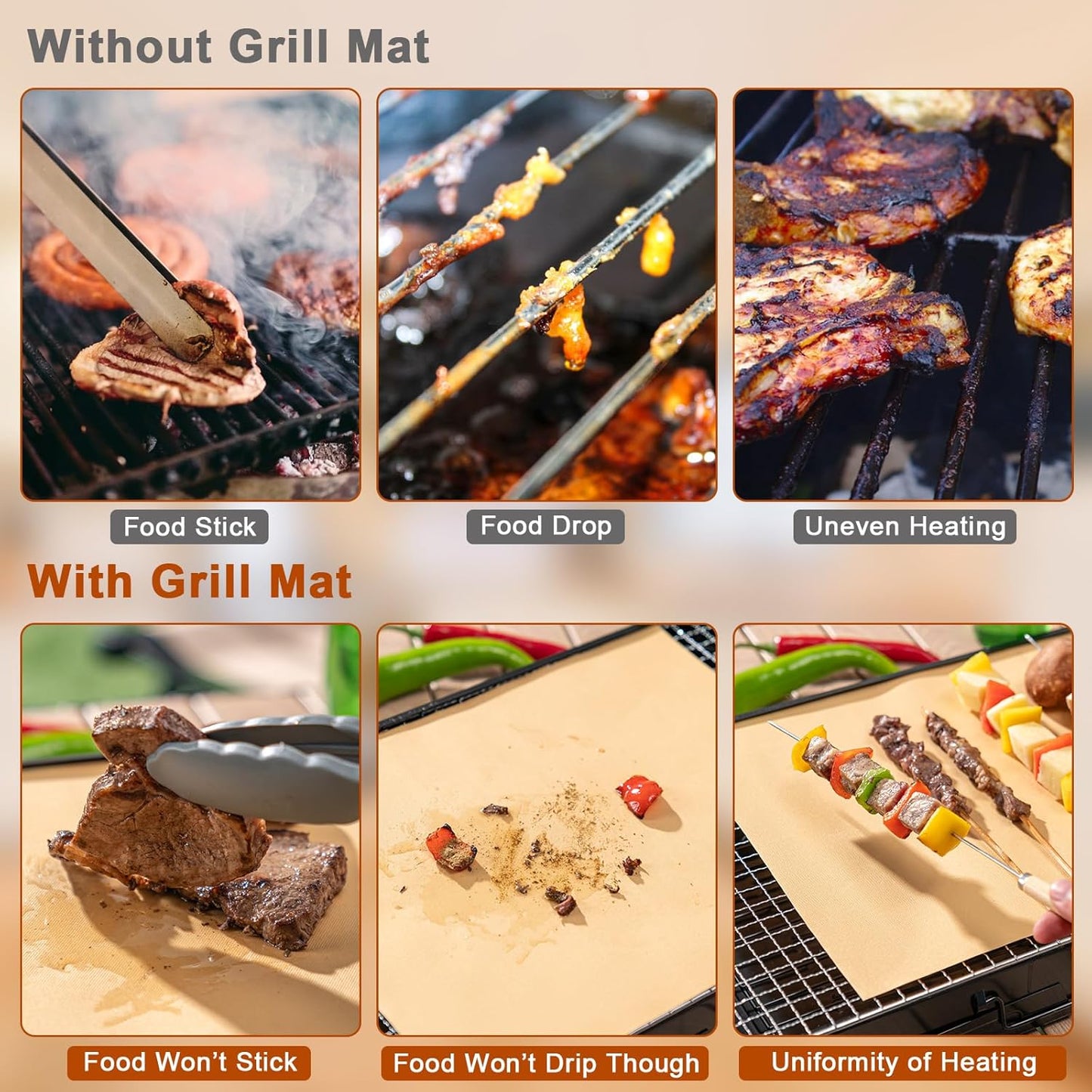 6 Pack Eisinly Grill Mats - Reusable Non Stick Baking Mat for Outdoor BBQ - Heat Resistant - Gas, Charcoal, Electric - 15.75 x 13-inch - Gold