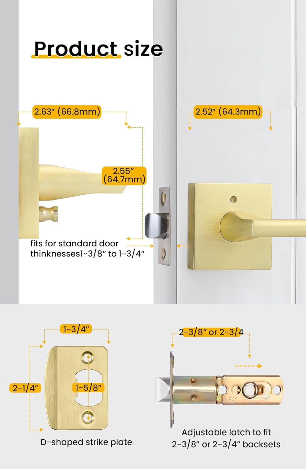 6 Pack of goldenwarm Gold Privacy Door Handles for Bedroom and Bathroom - Heavy Duty Brass Interior Lever Doorhandles with Brushed Finish, Zinc Alloy Construction