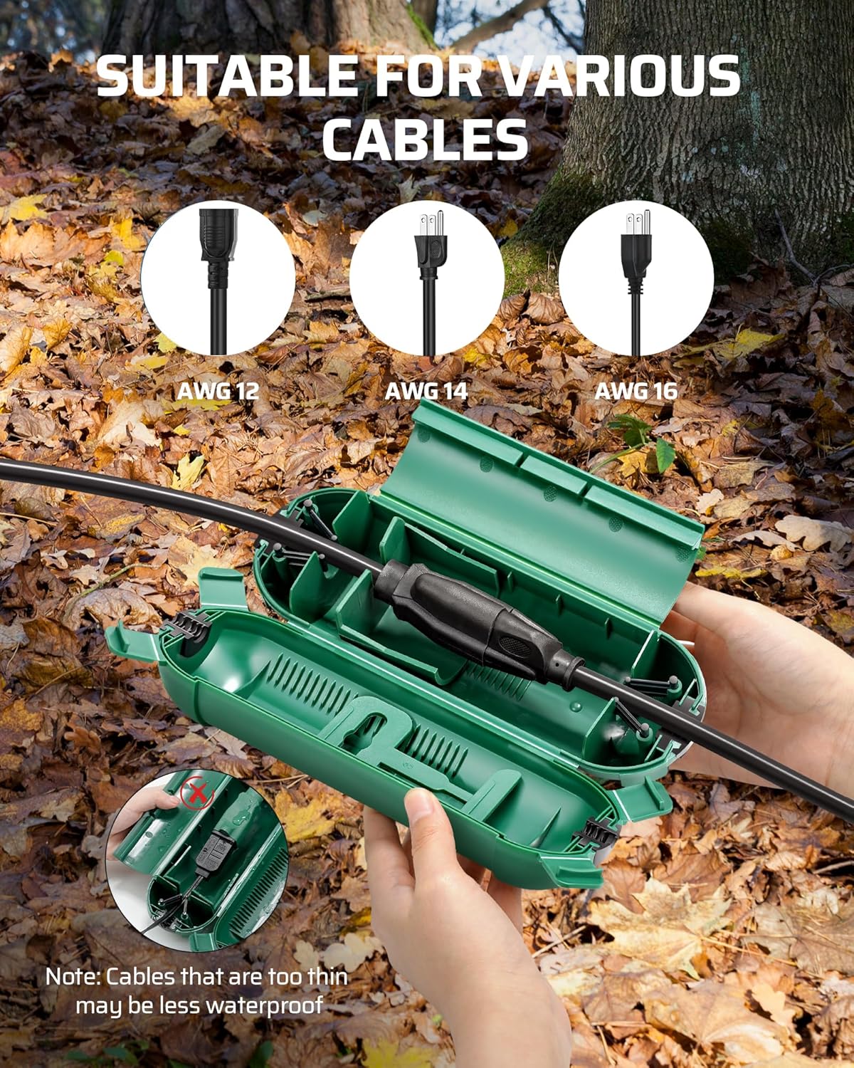 6-Pack Waterproof Outdoor Extension Cord Cover with Seal Latches - Adjustable Compartment for 12/14/16Gauge Cords - Green
