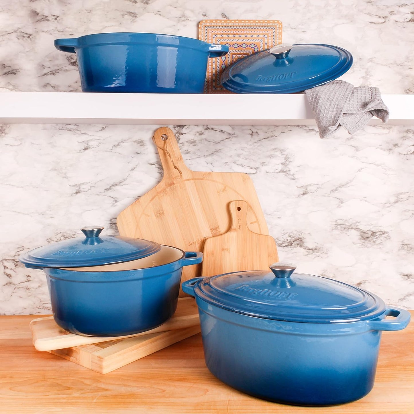 6-Piece BergHOFF Neo Enameled Cast Iron Dutch Oven Set with Matching Lid - Fast and Even Heating, Oven Safe - Blue Color