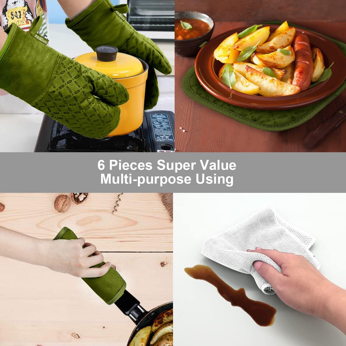 6-Piece KEGOUU Olive Drab Kitchen Oven Glove Set - High Heat Resistant, Extra Long Mitts & Potholders with Non-Slip Silicone Surface for Cooking up to 500 Degrees