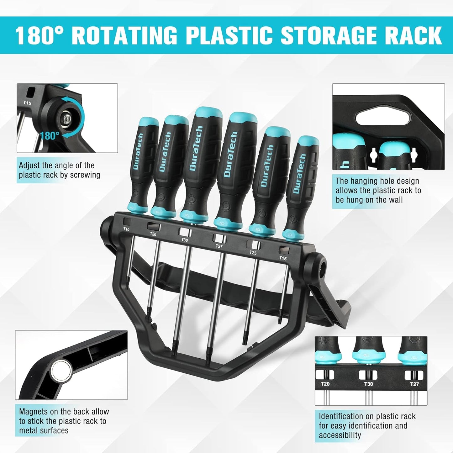 6-Piece Magnetic Torx Screwdriver Set with Rotating Storage Rack and Soft Handle - DURATECH Screw Driver Kit for Fastening and Loosening