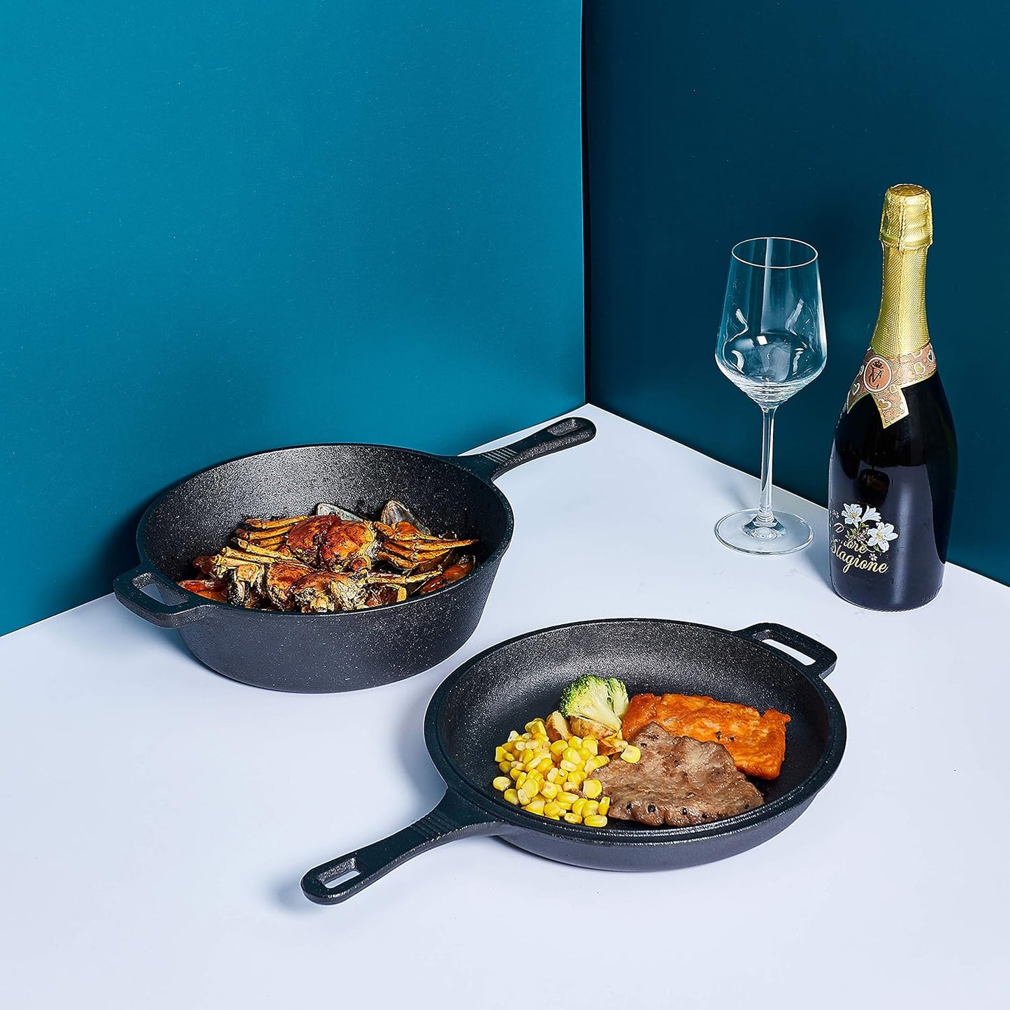 6 Piece Pre Seasoned Cast Iron Cookware Set with Dutch Oven, Skillets, Grill Pan, and Lid - Ideal for Outdoor Camping and Kitchen Cooking