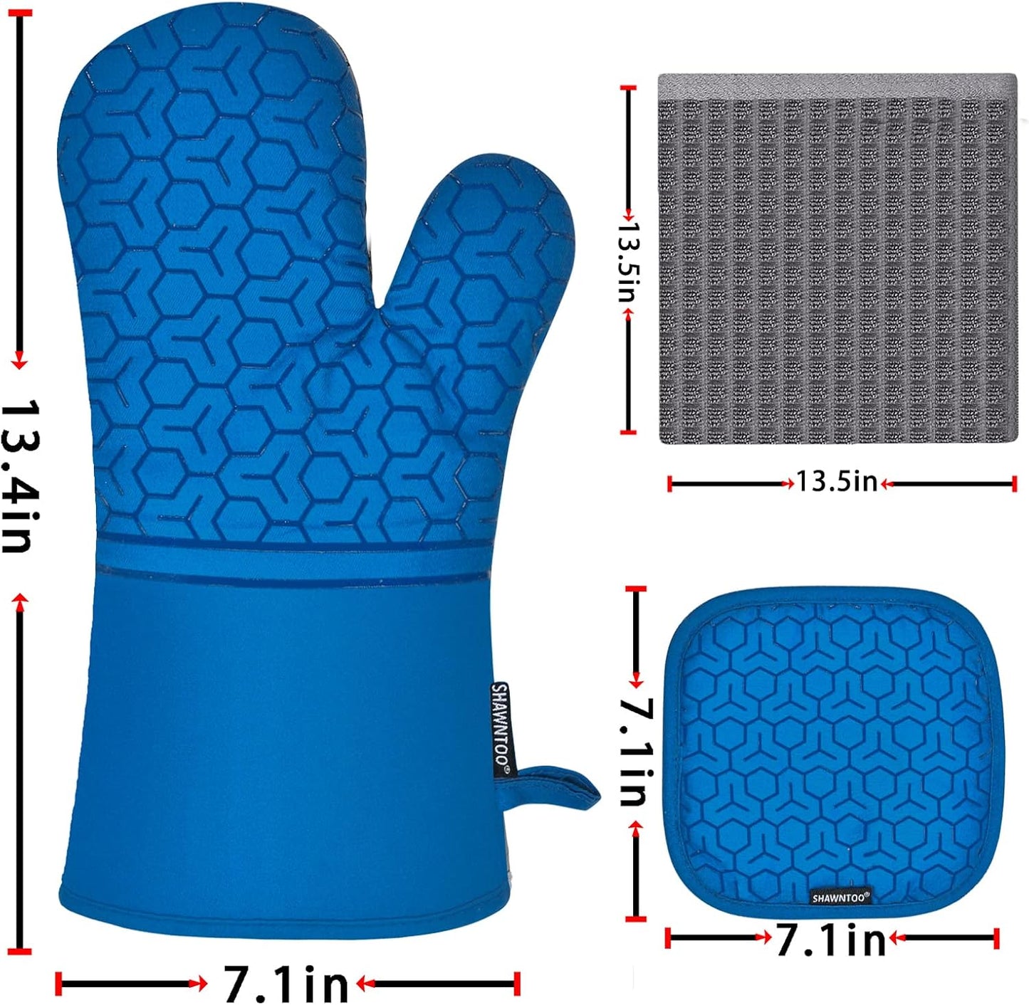 6 Piece Set of SHAWNTOO High Heat Resistant Oven Mitts and Pot Holders with Non-Slip Silicone Surface for Cooking, Baking, and Grilling in Dark Blue