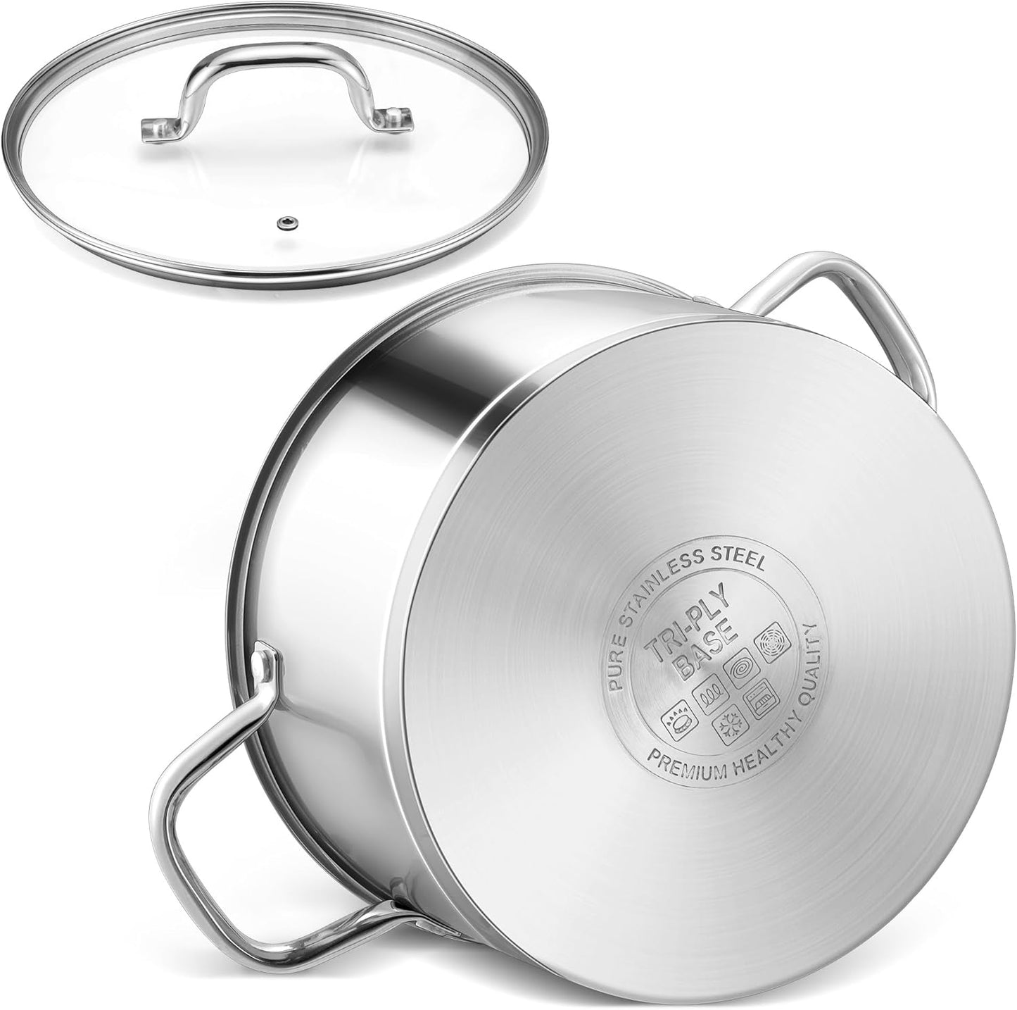 6 QT Stainless Steel Stock Pot with Glass Lid, Non-toxic Tri-ply Base Cookware for Induction Cooktops, Dishwasher Safe