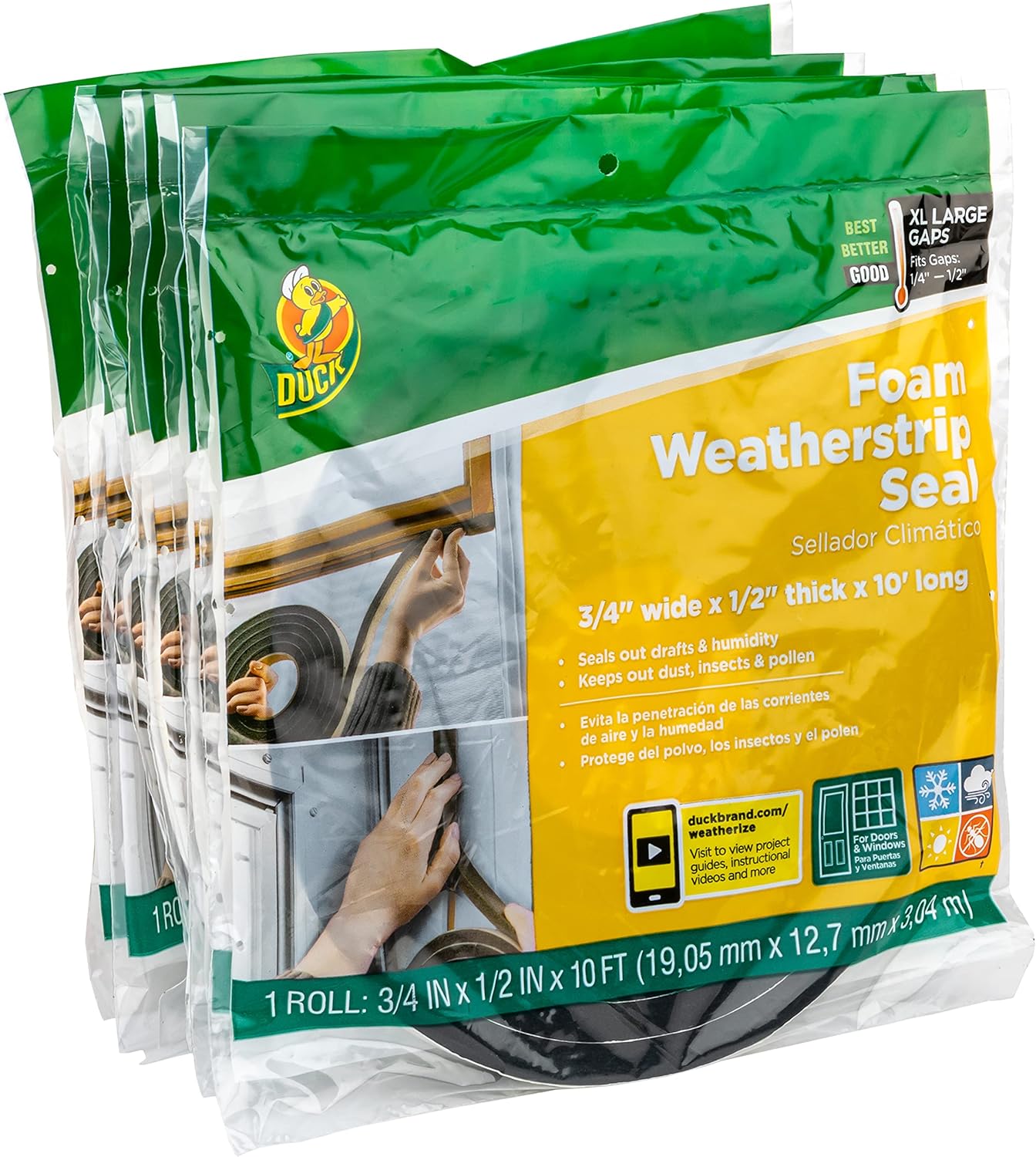 6 Rolls of Duck Brand Self Adhesive Foam Weatherstrip Seal for Extra Large Gaps - 60 Feet Total - Window and Door Seal Strip Foam Tape - 3/4" x 1/2" x 10' - Charcoal
