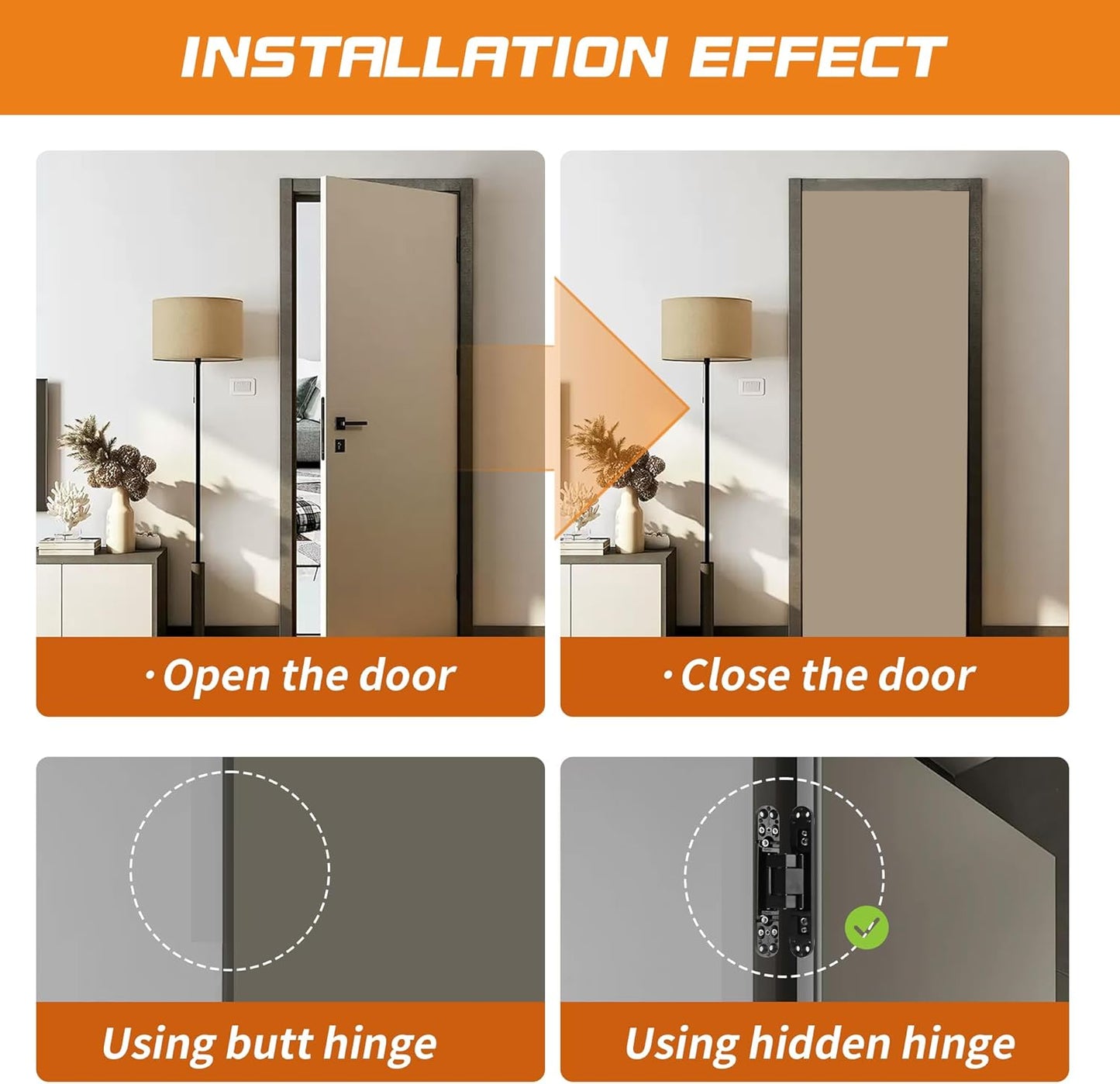 6" Zinc Alloy Invisible Hidden Door Hinges - 180 Degree Swing, 3-Way Adjustable, Silent Butt Hinges - Black (Pack of 2)