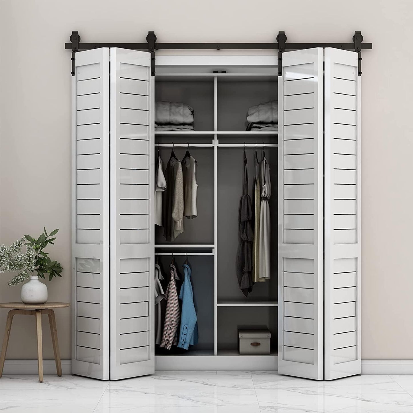 60" Bi-Folding Sliding Barn Door Hardware Kit, Smooth & Quiet Operation, Side Mounted Black Roller, Easy Install - Fits Four 14" Bifold Doors
