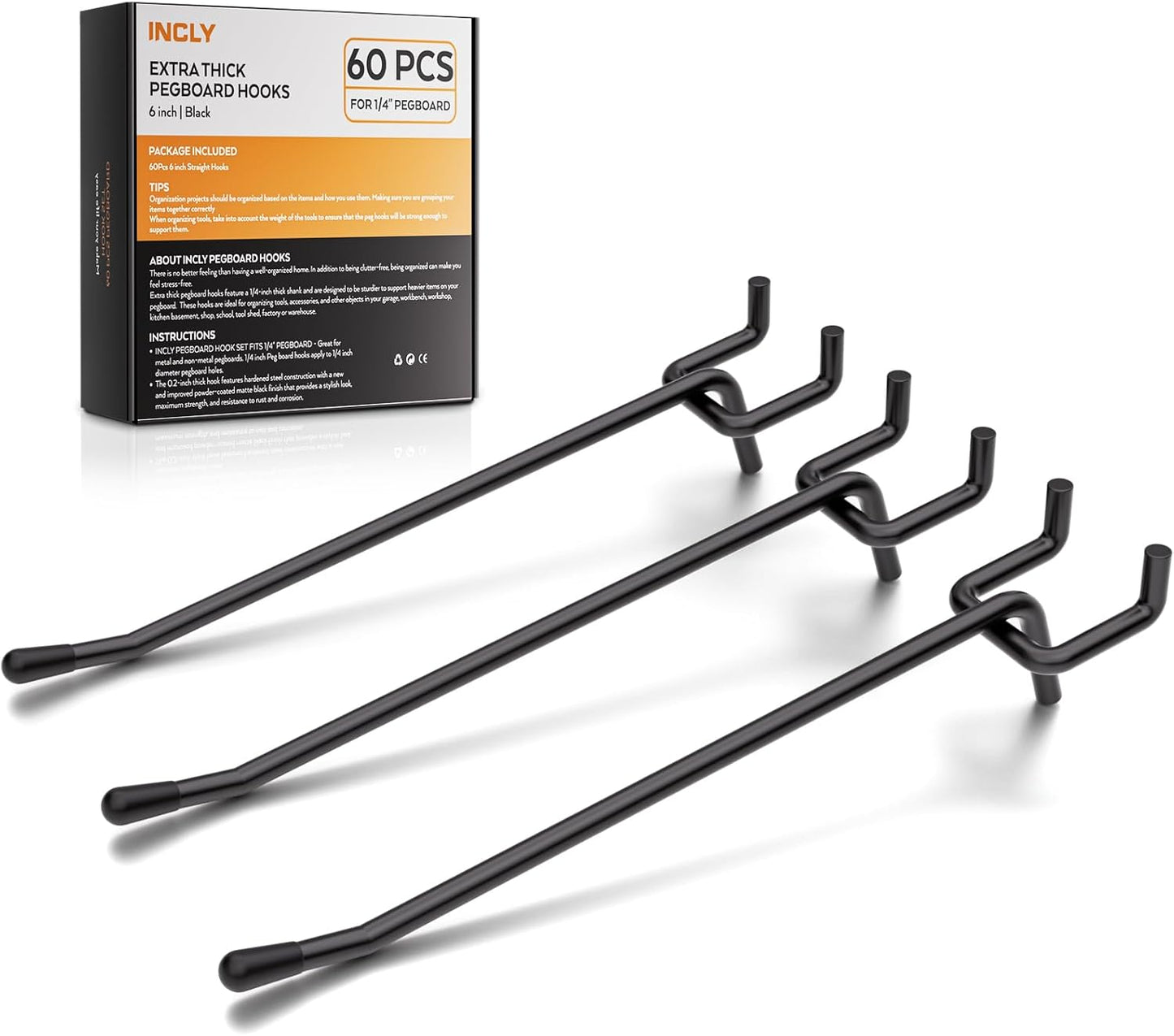 60 Pack of 6 Inch Black Pegboard Hooks - Heavy Duty 1/4" Shelving Accessories for Garage, Kitchen, and Craft Organization