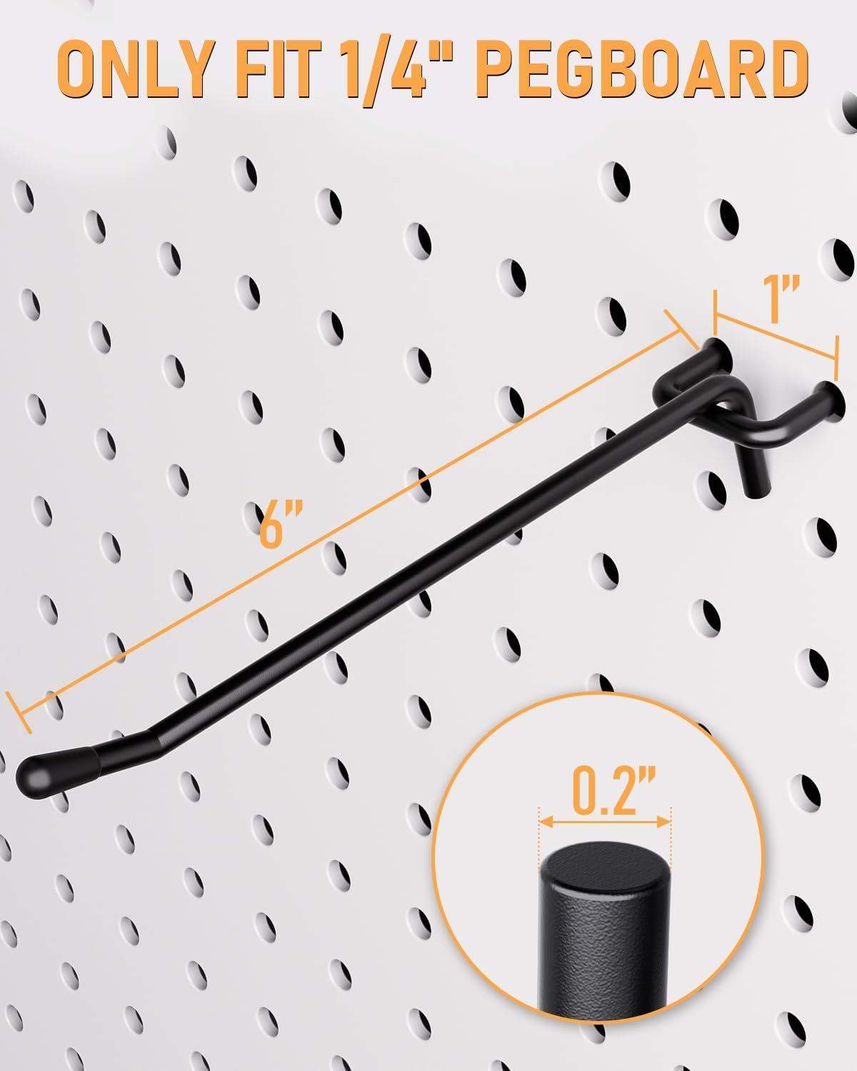 60 Pack of 6 Inch Black Pegboard Hooks - Heavy Duty 1/4" Shelving Accessories for Garage, Kitchen, and Craft Organization