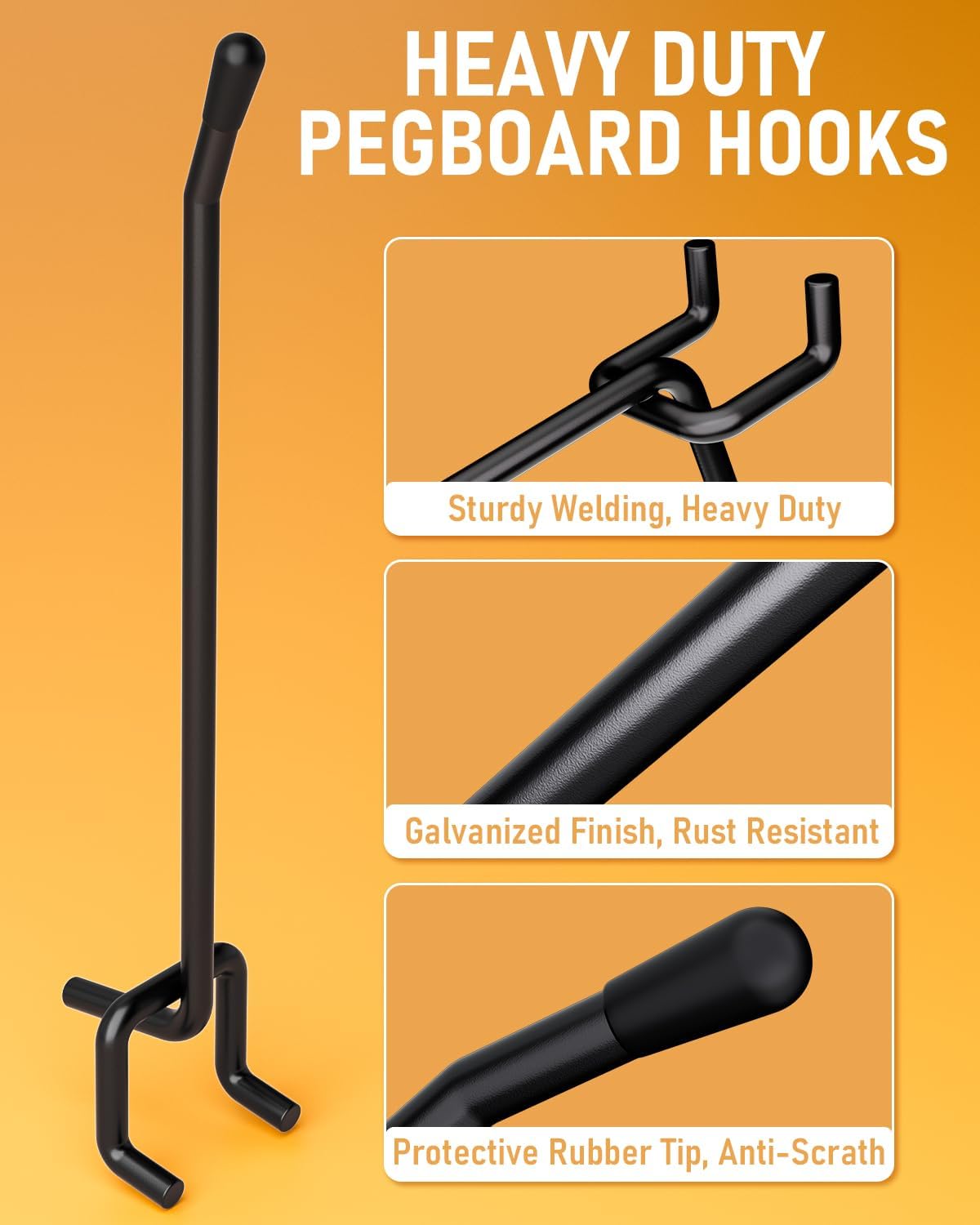 60 Pack of 6 Inch Black Pegboard Hooks - Heavy Duty 1/4" Shelving Accessories for Garage, Kitchen, and Craft Organization
