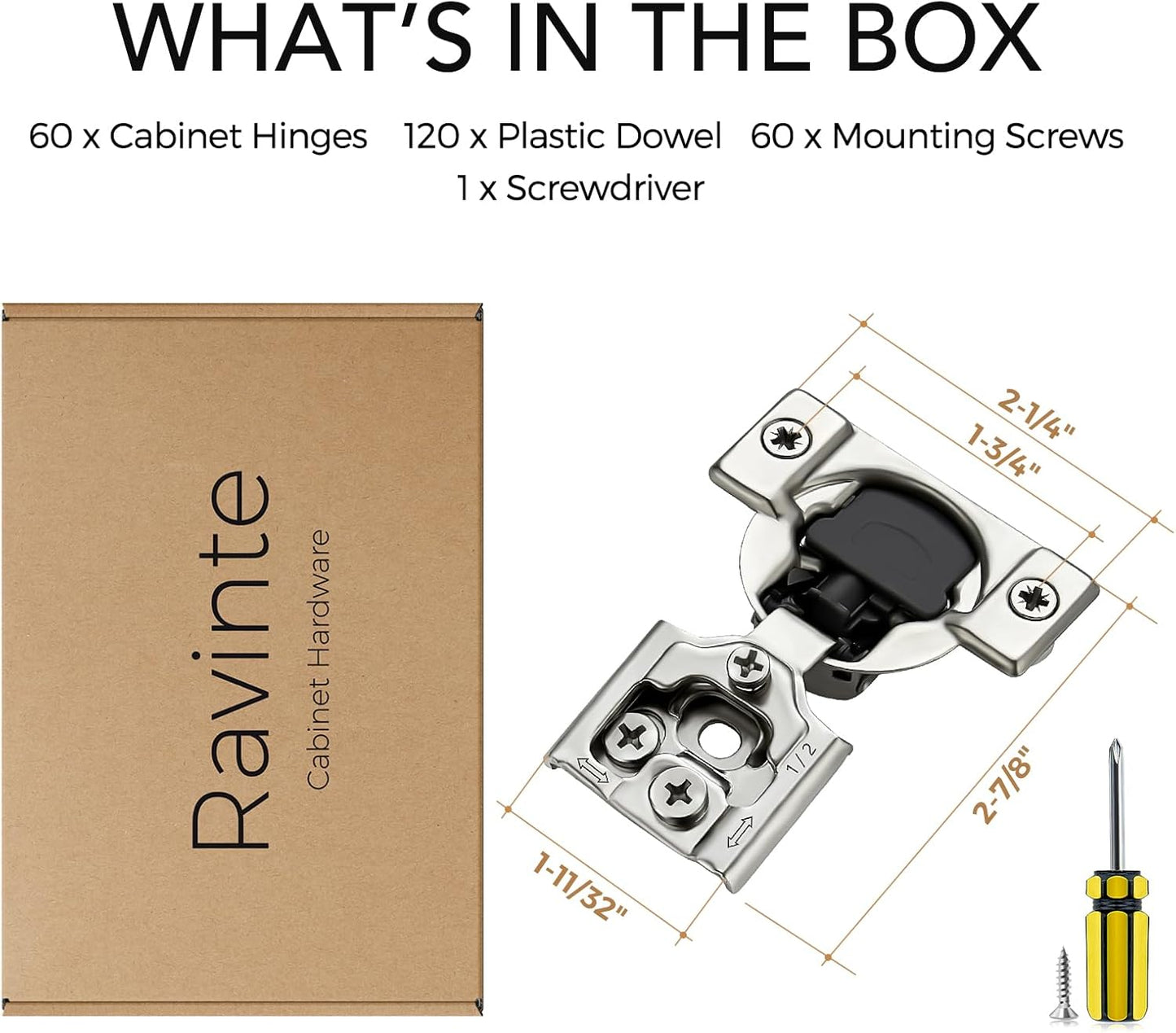 60 Pack of Ravinte 1/2 inch Overlay Soft Close Cabinet Hinges - Stainless Steel Satin Nickel Hardware for Kitchen Cabinets - WildKart