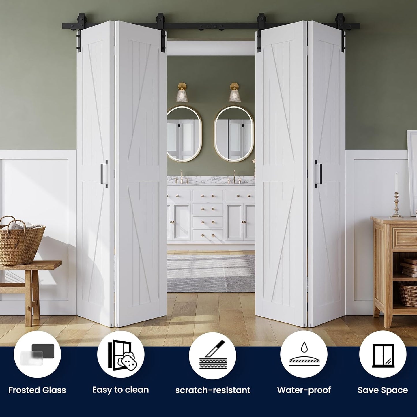 60" x 84" Bifold Sliding Barn Door Set with Sliding Hardware Kit - K Shaped Panel, Finished Closet Door Slab, 5.66FT Track, MDF, White