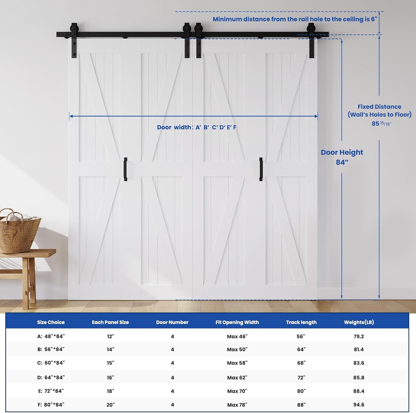 60" x 84" Bifold Sliding Barn Door Set with Sliding Hardware Kit - K Shaped Panel, Finished Closet Door Slab, 5.66FT Track, MDF, White